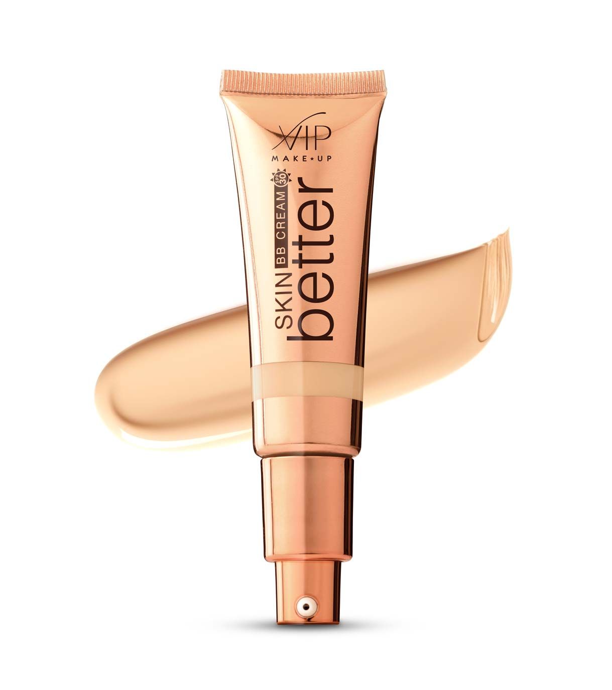 Tubo dorato di BB Cream con dispenser. Accanto si vede una striscia di fondotinta cremoso.