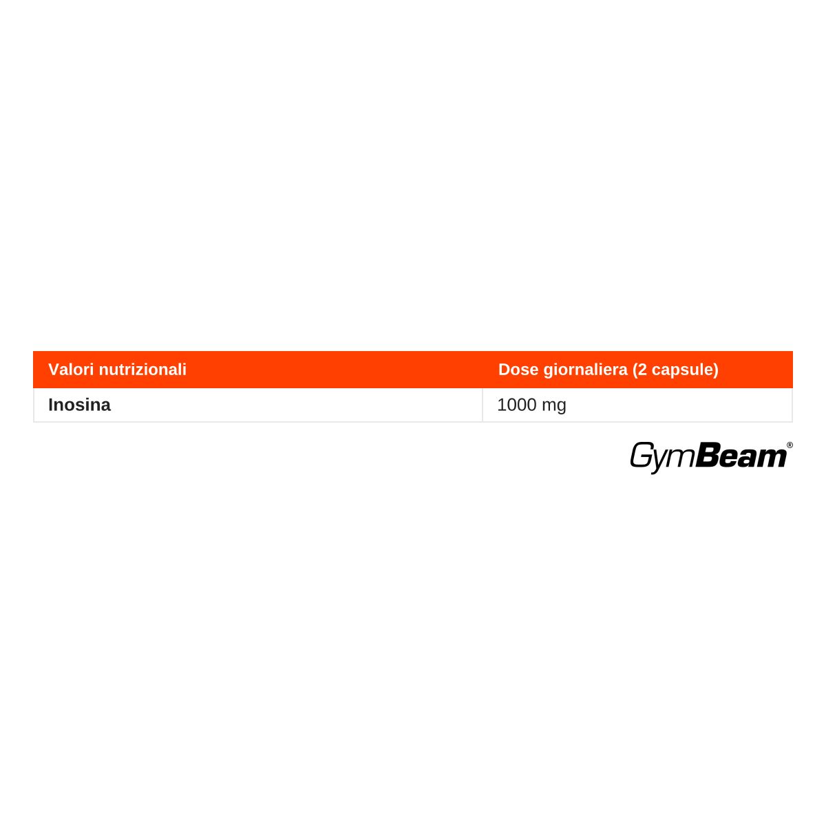 Valori nutrizionali GymBeam Inosina: 1000 mg di Inosina per dose giornaliera (2 capsule).