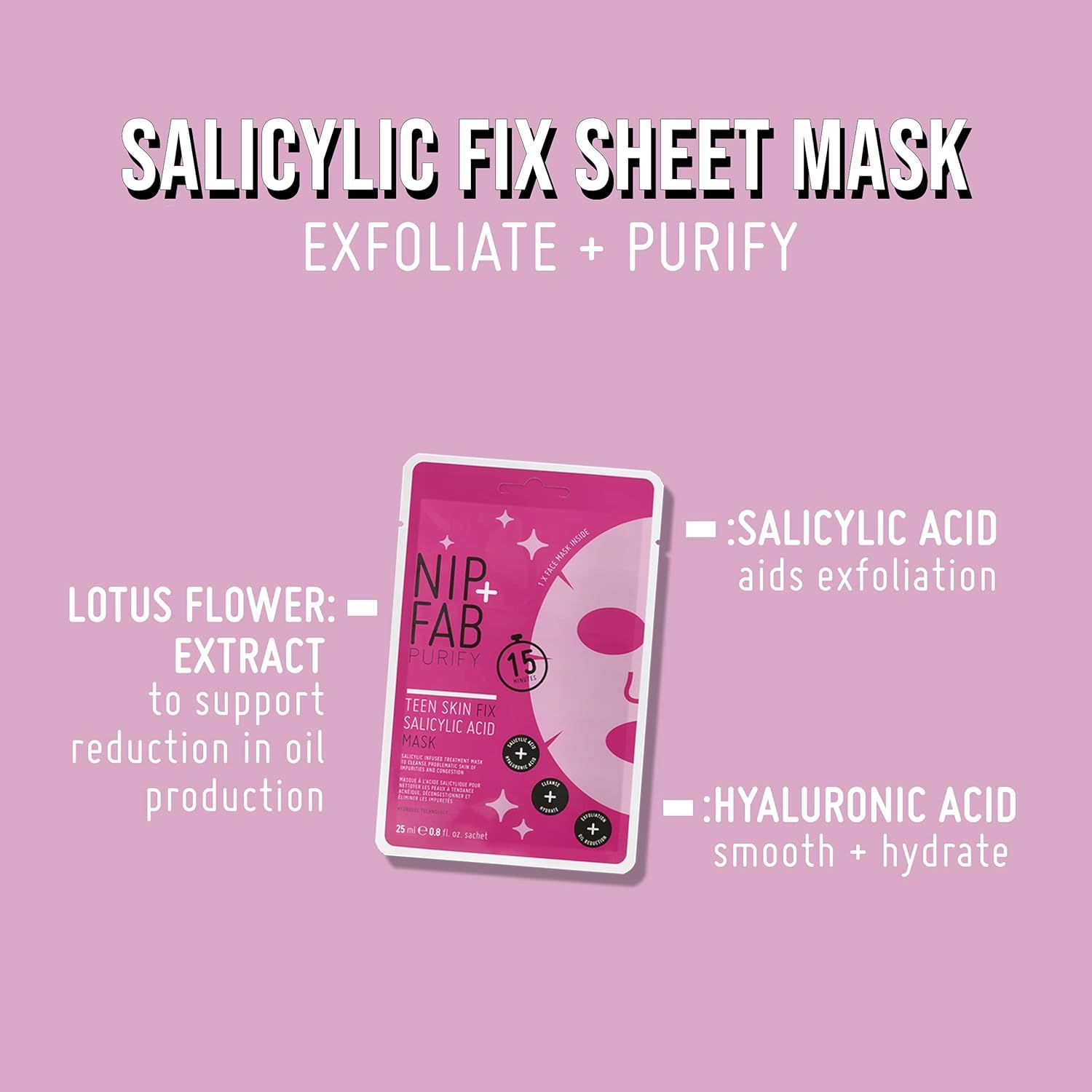 Confezione rosa con testo: Salicylic Fix Sheet Mask, esfolia + purifica. Contiene estratto di fiori di loto, acido salicilico e acido ialuronico.