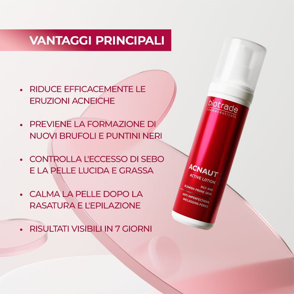 Flacone Acnaut Active Lotion. Testo: Biotrade, Acnaut. Riduce l'acne, previene brufoli, controlla l'eccesso di sebo.