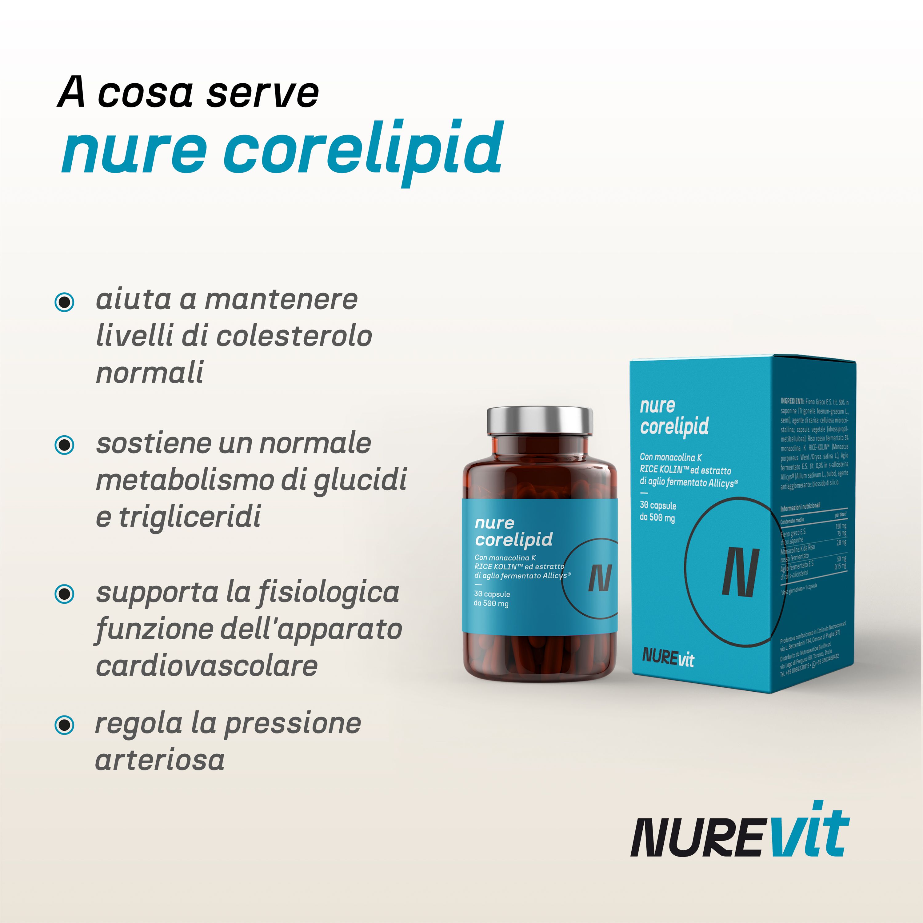 NURE Corelipid 30 cps 500 mg - Integratore per Colesterolo e Salute Cardiovascolare