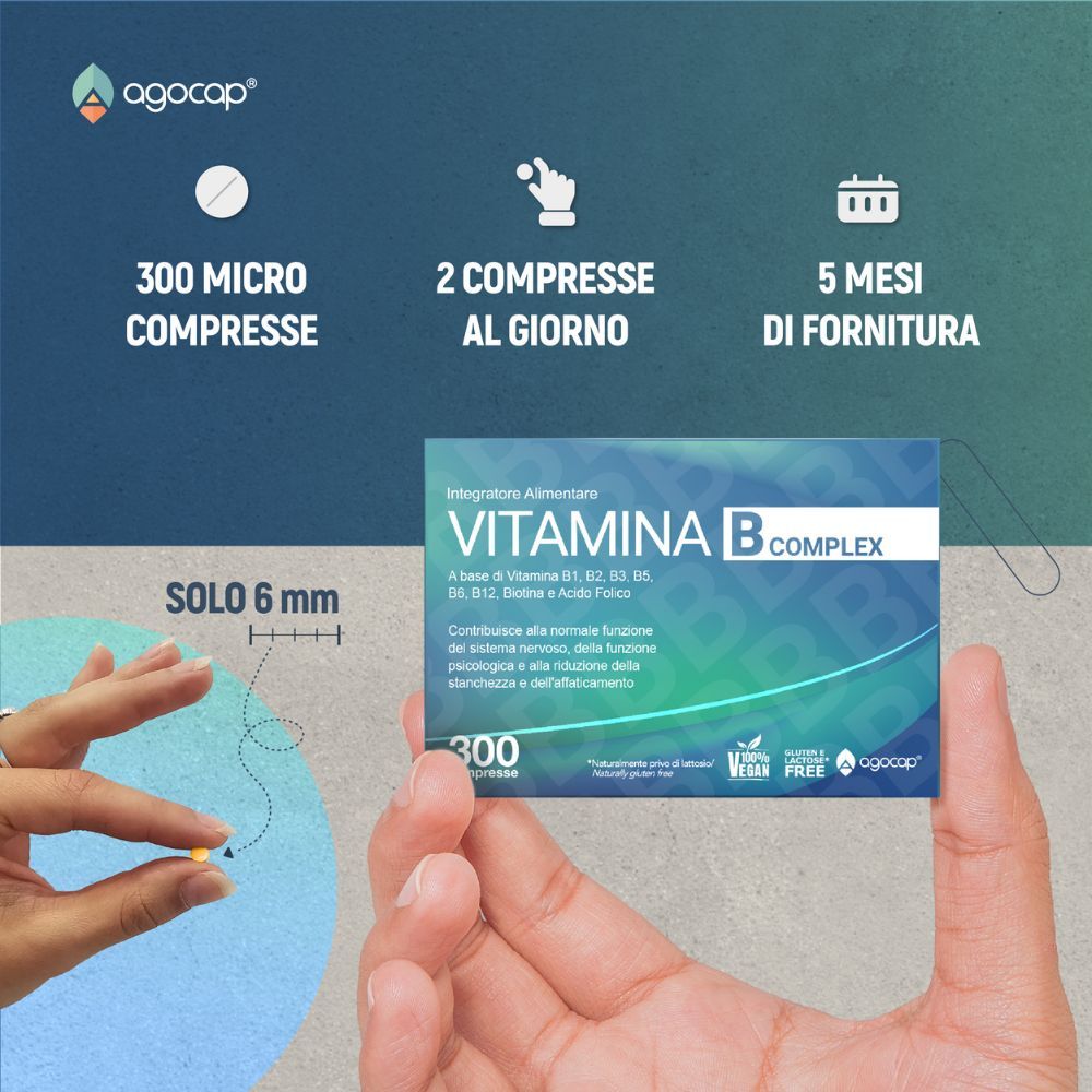 Confezione di Vitamina B Complex. Formato pocket. Marchio Agocap. Testo: 300 Micro compresse, 2 compresse al giorno.
