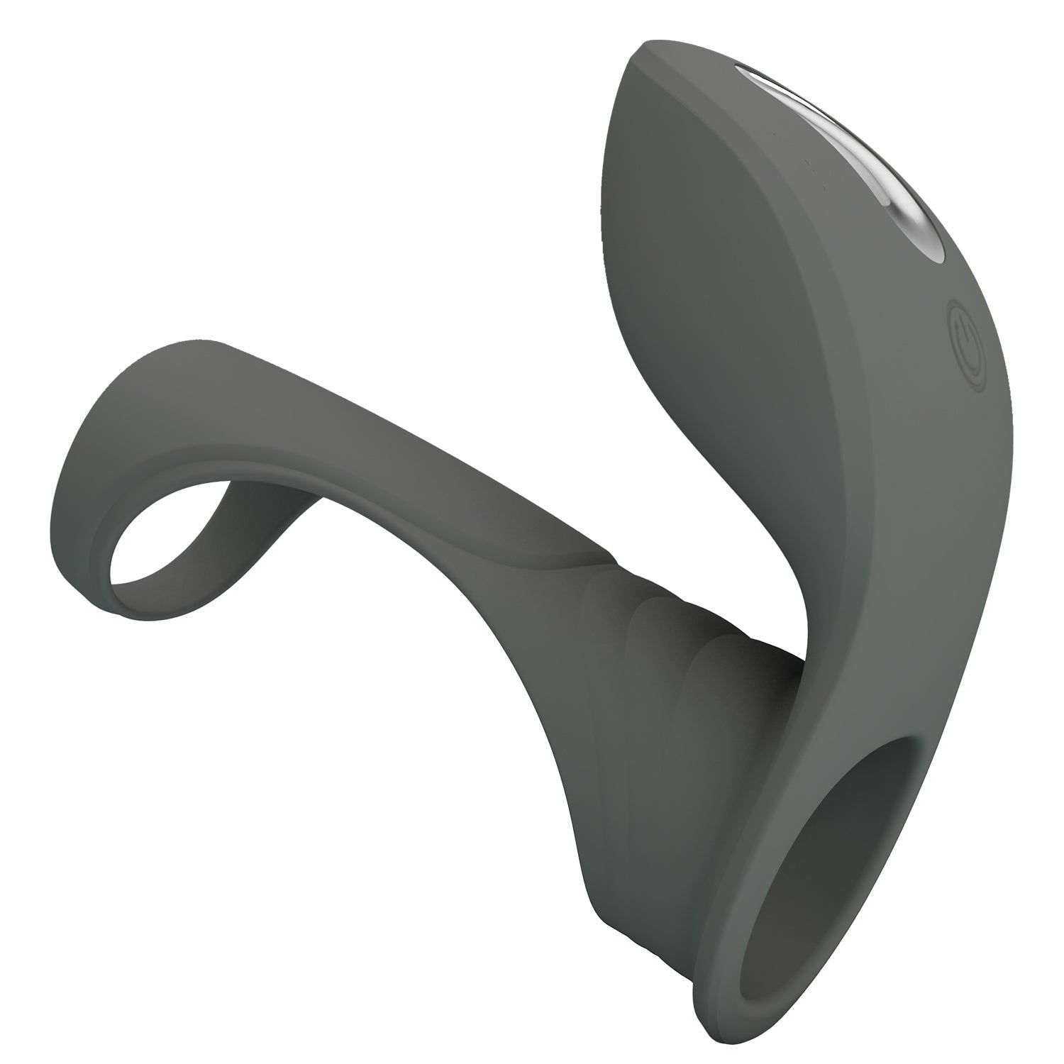 Anello grigio con forma curva e sporgenza. Include un'apertura rotonda e una punta allungata con pulsante.