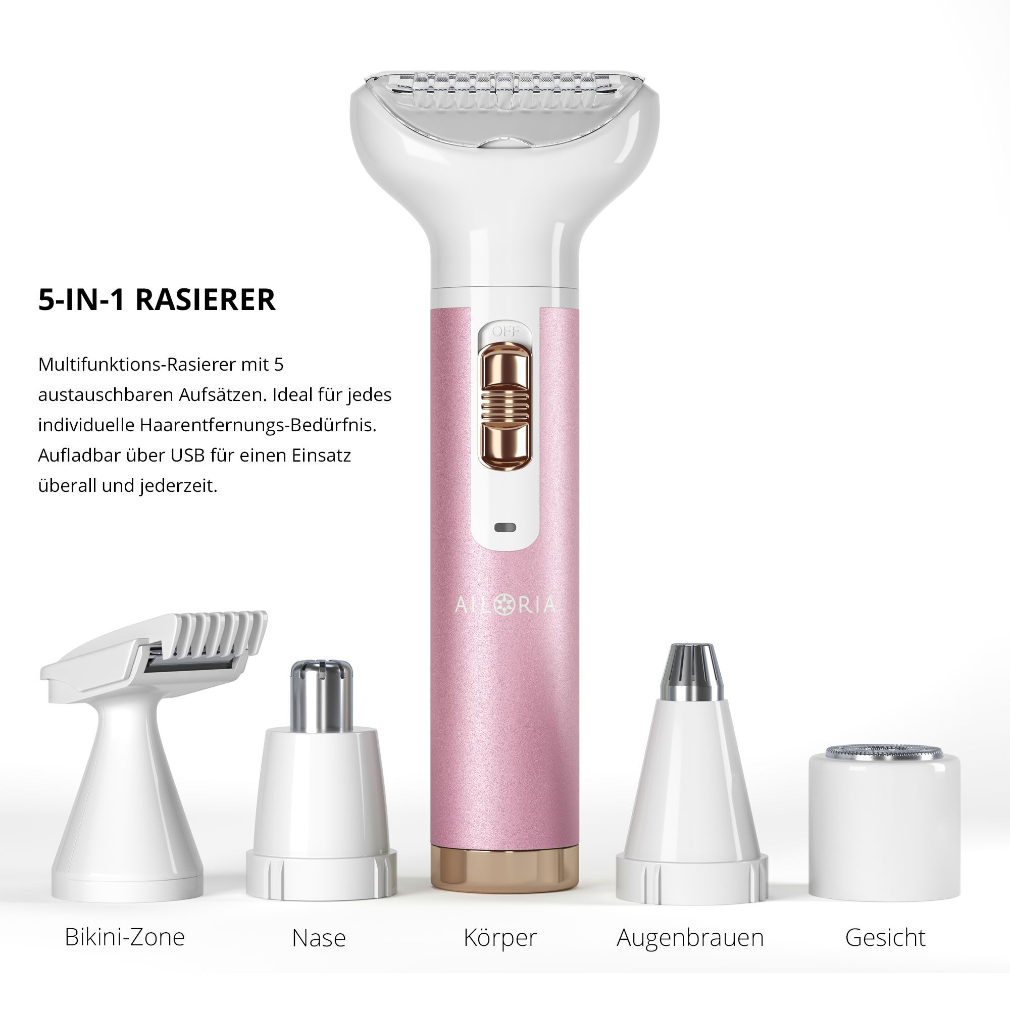 Set rasoio con 5 accessori. Dispositivo rosa-bianco con accessori per bikini, naso, corpo, sopracciglia e viso. AILORIA.