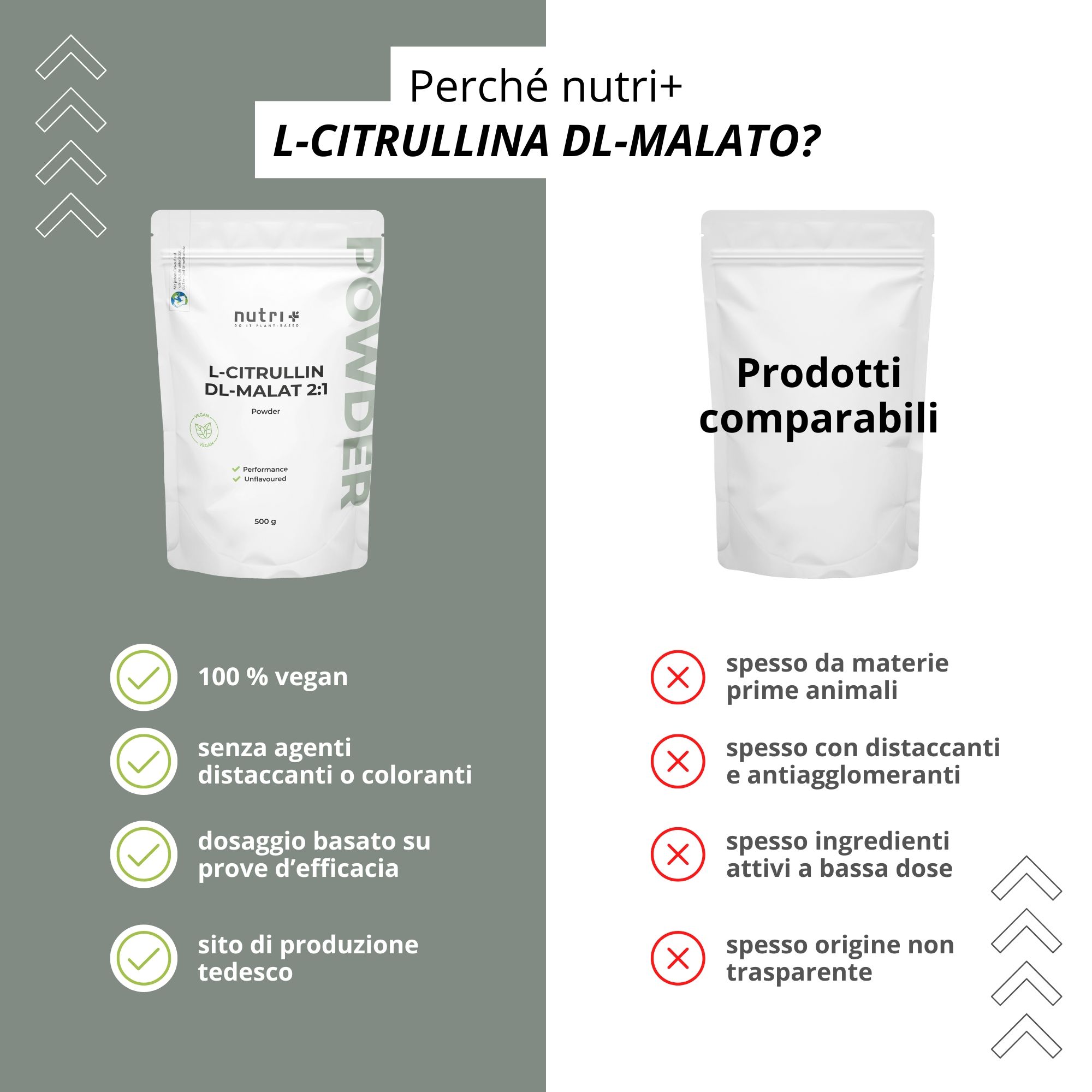L-Citrullina DL-Malato in polvere. 500g di contenuto, 10g per porzione. 100% vegano, come booster.
