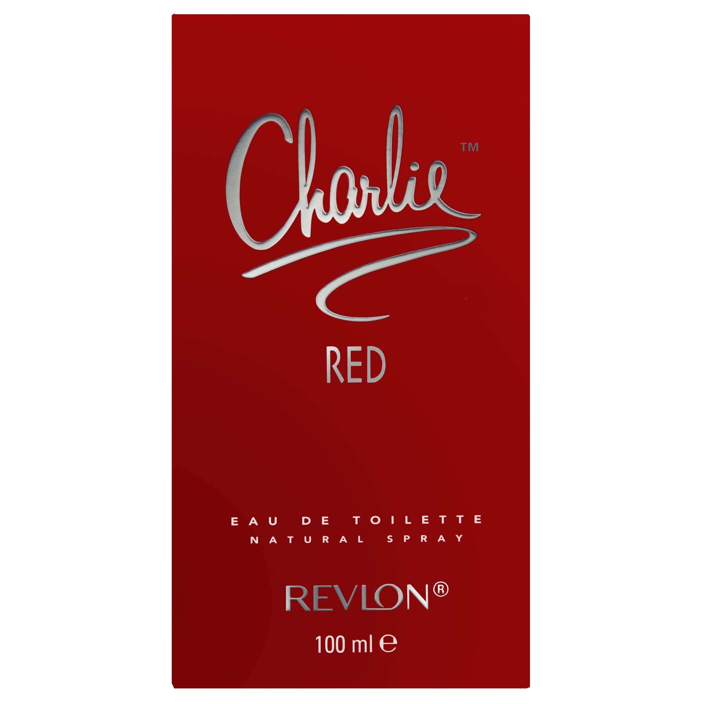Scatola rettangolare rossa. "Charlie RED" è scritto sulla scatola. Il nome "Revlon" e "100 ml e" sono anch'essi visibili.