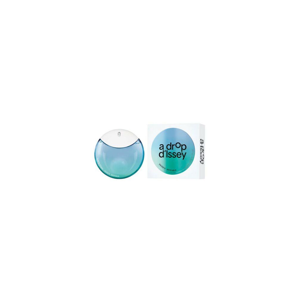 Flacone e confezione. Flacone rotondo, tappo bianco, liquido blu. Confezione con scritta: a drop d'Issey, ISSEY MIYAKE.