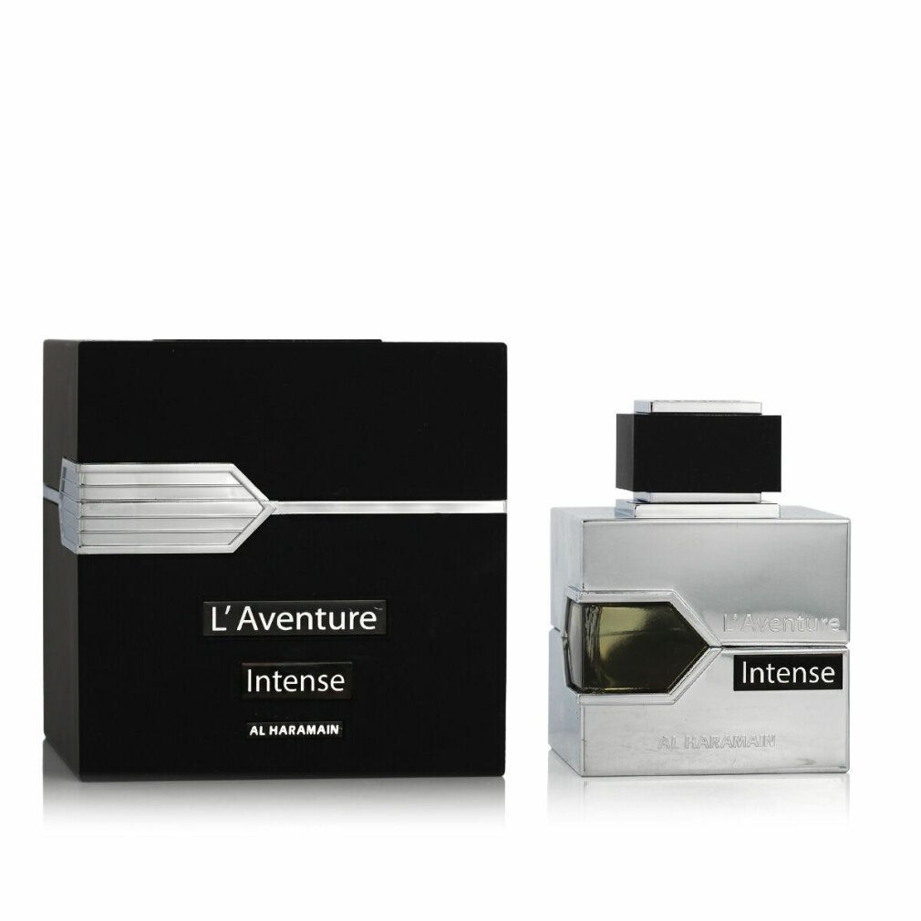 Flacone argentato e confezione nera. Scritta: L'Aventure Intense. Marchio Al Haramain.