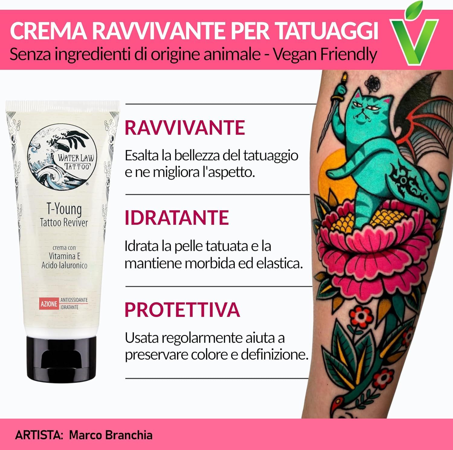 Tubo di crema accanto a un braccio tatuato. Testo: Crema per tatuaggi, Vegan Friendly. Scritta: Water Law Tattoo, T-Young Tattoo Reviver.