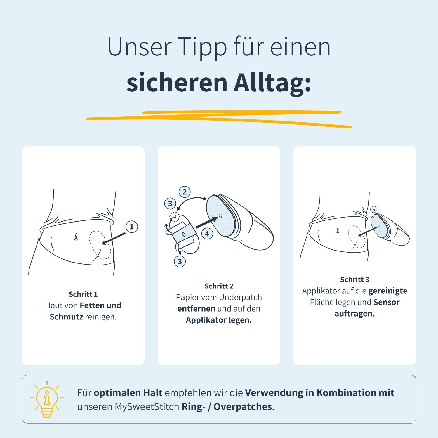 Tre passaggi per applicare il cerotto. Pulizia, rimozione della pellicola protettiva, applicazione. Testo: Il nostro consiglio per una giornata sicura.