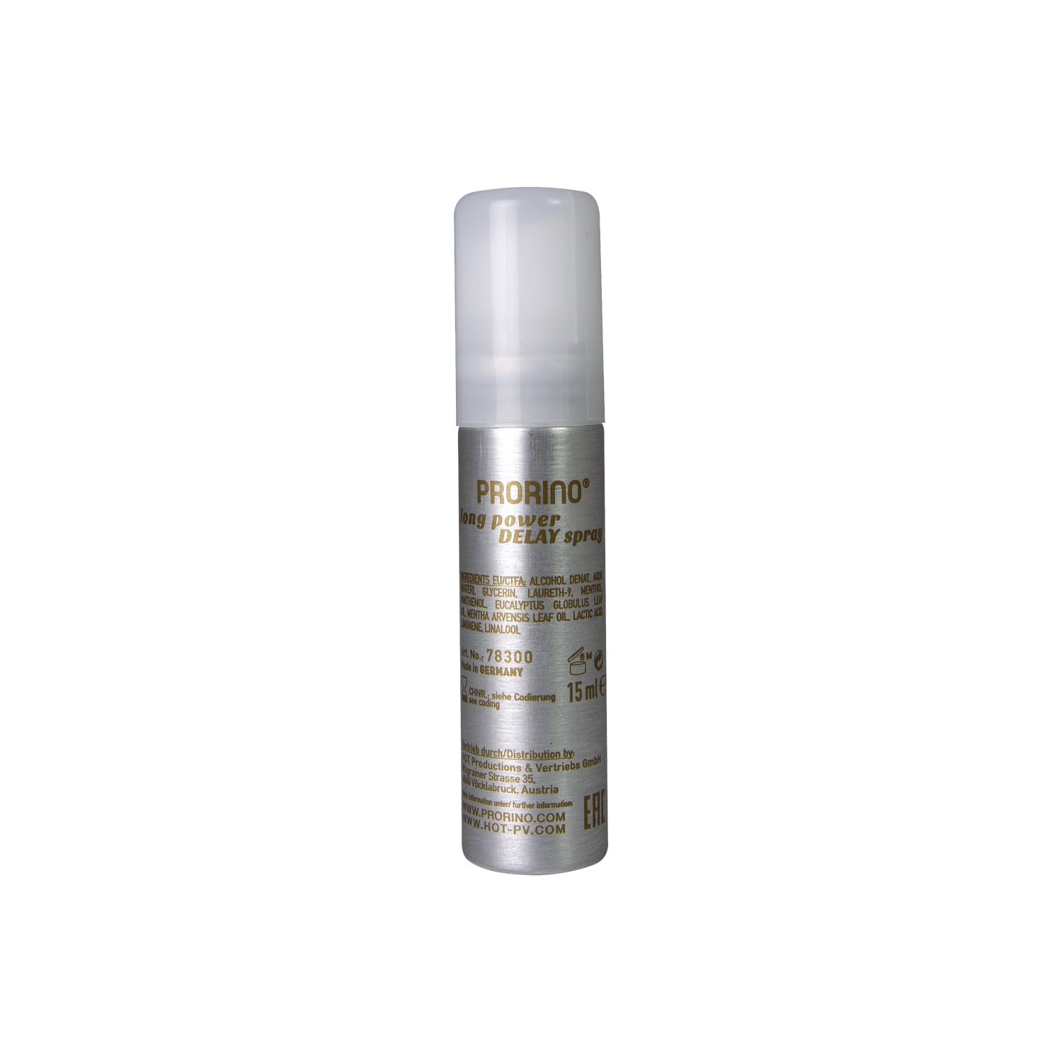Flacone spray argentato con tappo bianco. Testo: Long Power Delay Spray, HOT. 15ml.