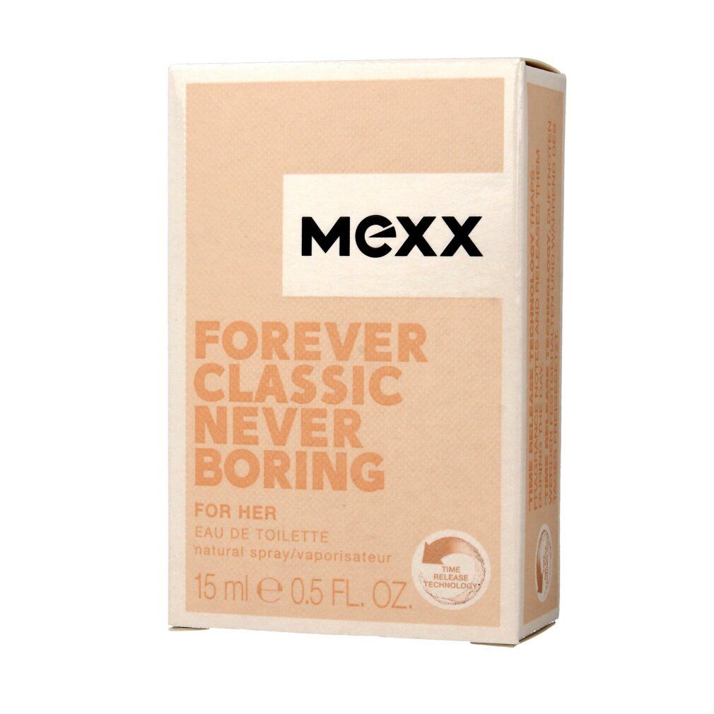 Confezione in cartone con scritta: MEXX, Forever Classic Never Boring, For Her, Eau de Toilette, 15 ml.