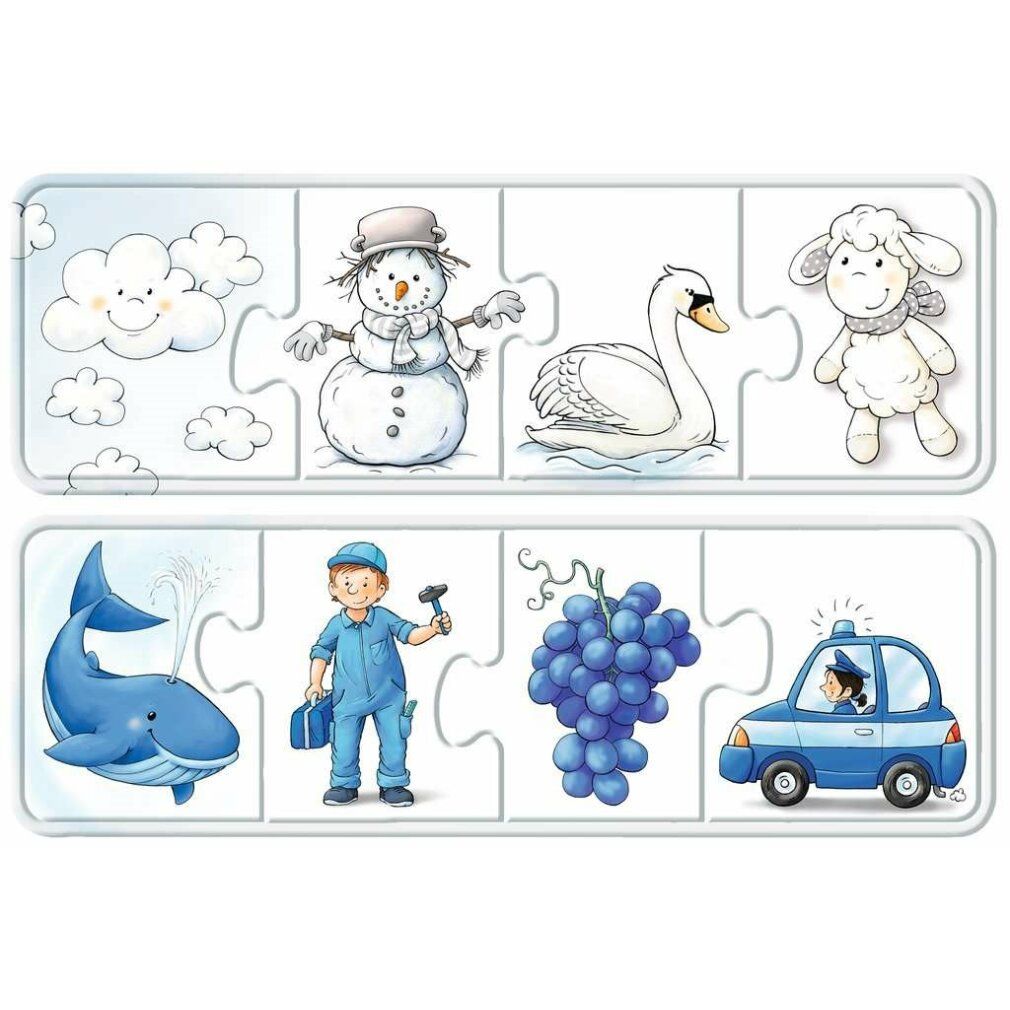 Due puzzle da 4 pezzi ciascuno. Illustrazioni: rana, bruco, trifoglio, albero, arancia, zucca, volpe, camion della spazzatura. Pezzi verdi e arancioni.