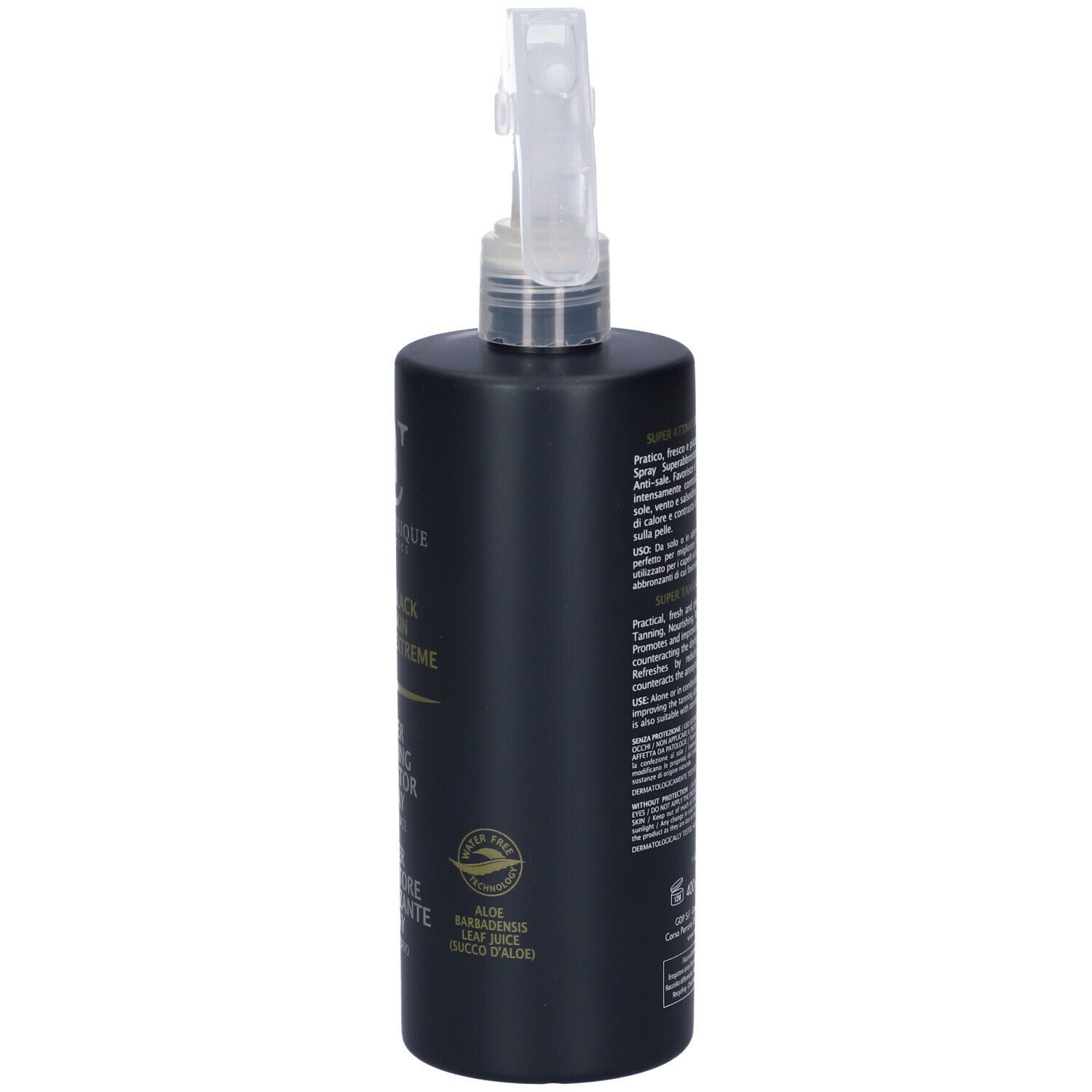Flacone nero con erogatore spray. Testo laterale. Informazioni sul prodotto, ingredienti, indirizzo del produttore.