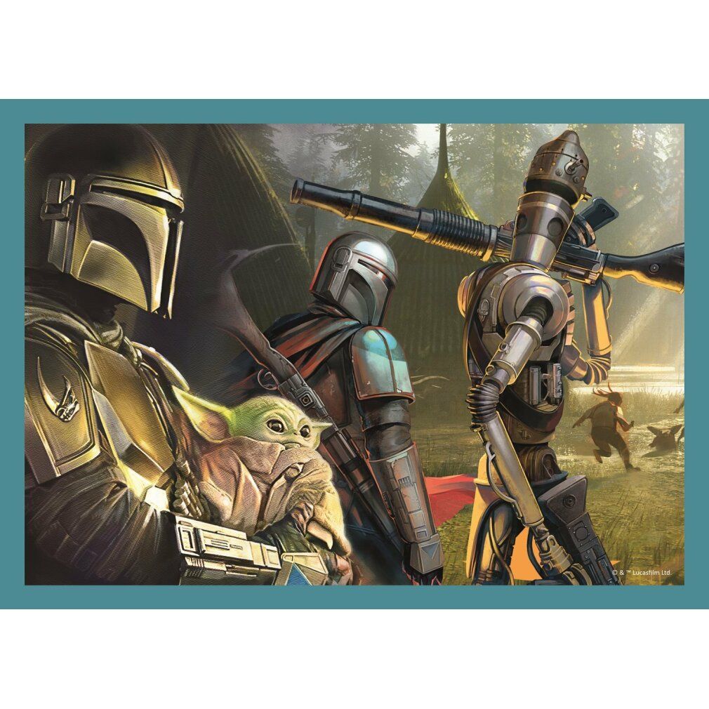Puzzle con Stormtrooper, Baby Yoda e Mandaloriano. Il puzzle mostra Stormtrooper, Baby Yoda e Mandaloriano. Sfondo blu.