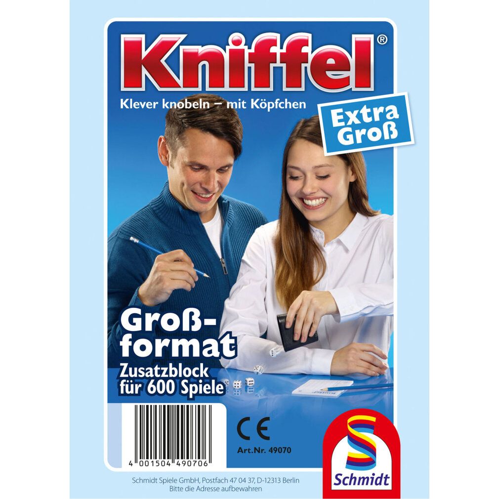 Blocco aggiuntivo per 600 giochi. Formato grande. Logo Kniffel. Extra Grande. Marchio CE. Logo Schmidt. Due persone giocano.