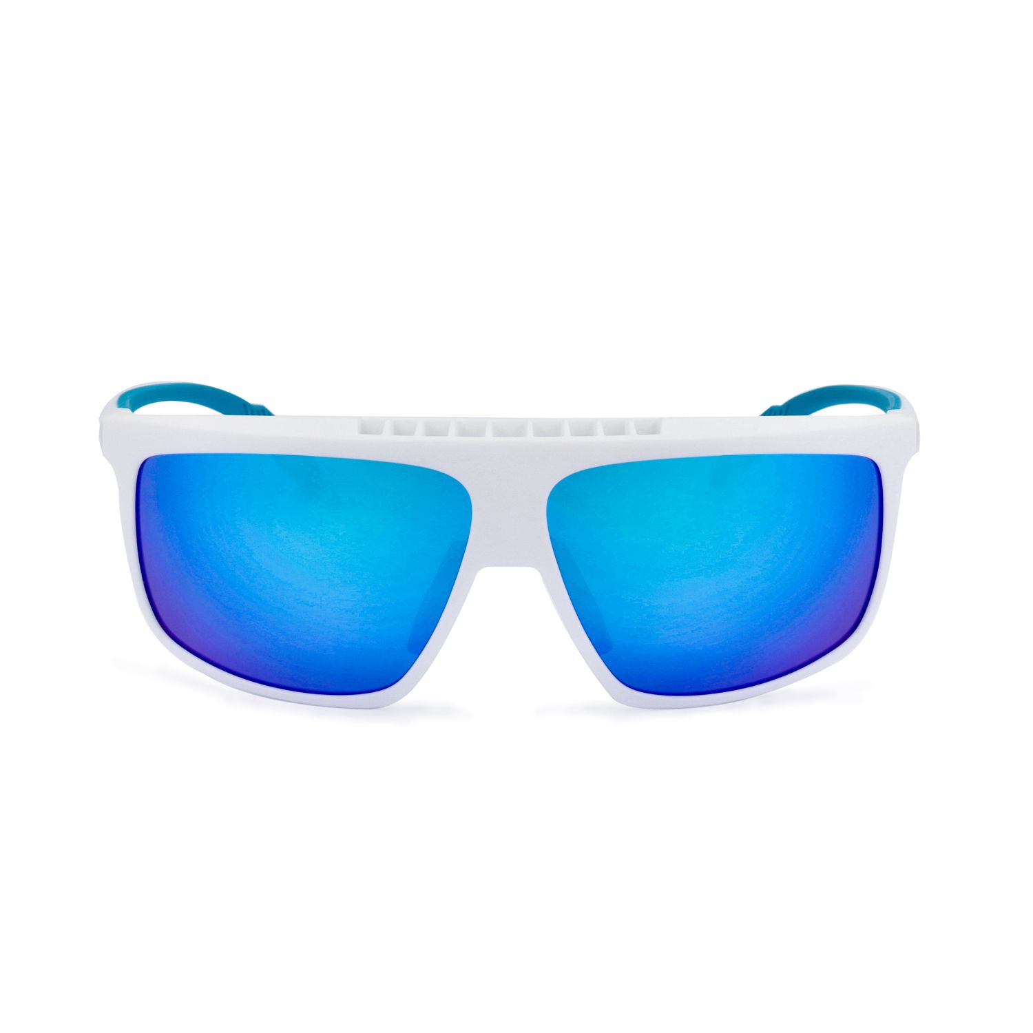 Occhiali da sole bianchi con lenti a specchio blu e aste turchesi.