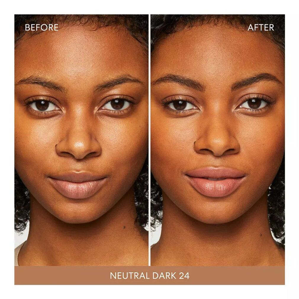 Confronto prima-dopo. Viso di una donna. Sinistra: non truccata. Destra: truccata. Testo: "Neutral Dark 24".