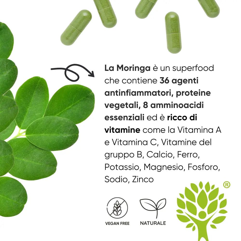Foglie verdi e capsule. Testo: La Moringa è un superfood. Loghi Vegan Free e Naturale.