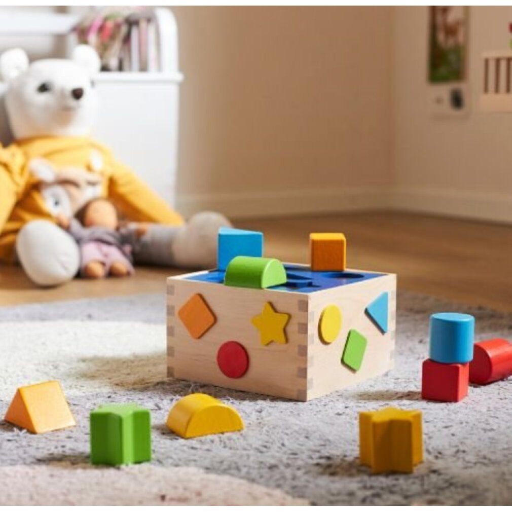 Scatola in legno con forme colorate da inserire. Varie forme geometriche e colori. Piastra blu con fori. Su tappeto.