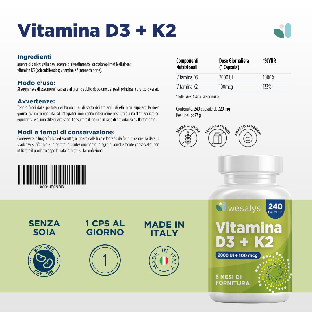 Confezione del prodotto con Vitamina D3 + K2. 240 capsule. Ingredienti, modo d'uso, avvertenze, informazioni nutrizionali.