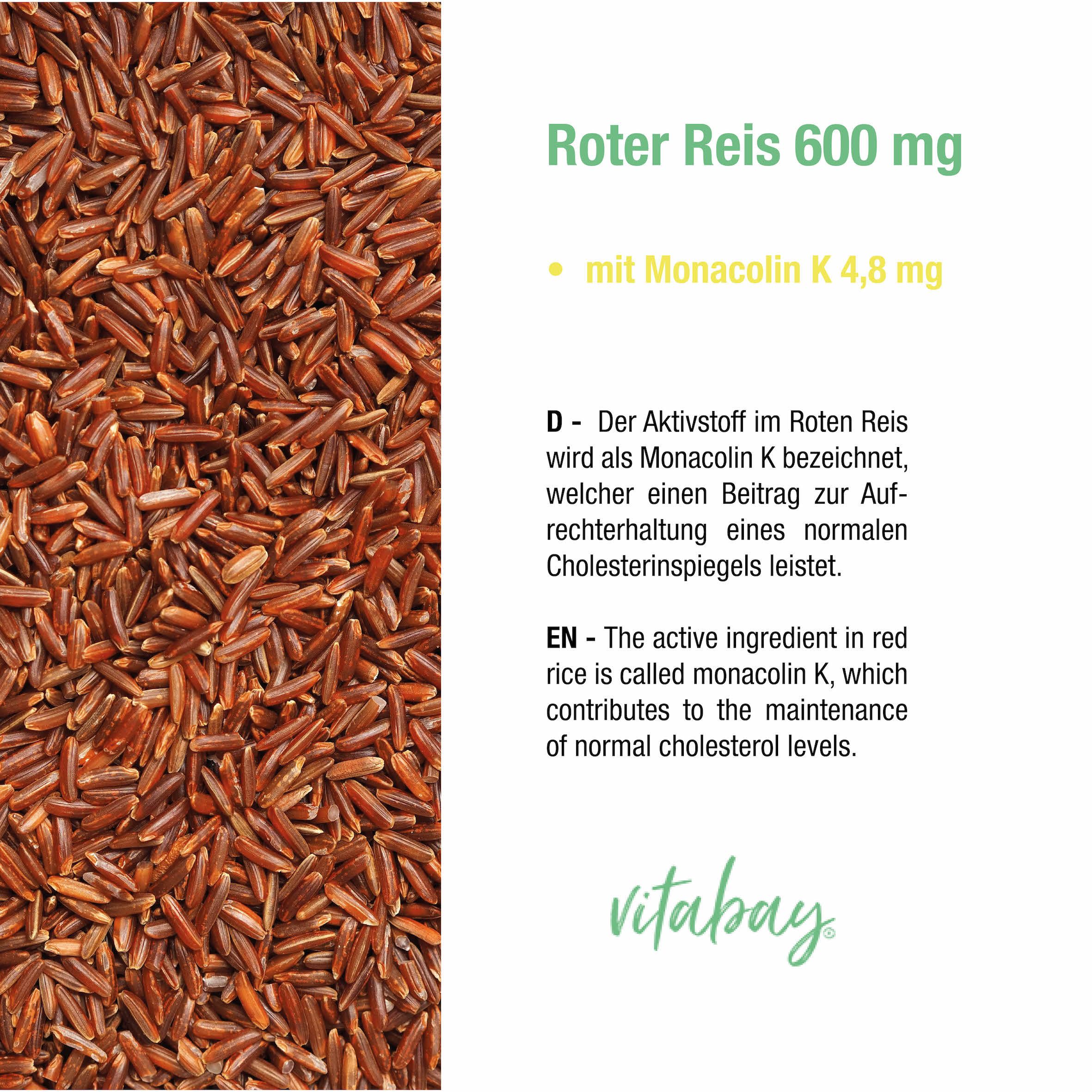 Riso rosso 600 mg. Grani di riso marrone. Testo sulla Monacolina K. Logo Vitabay.