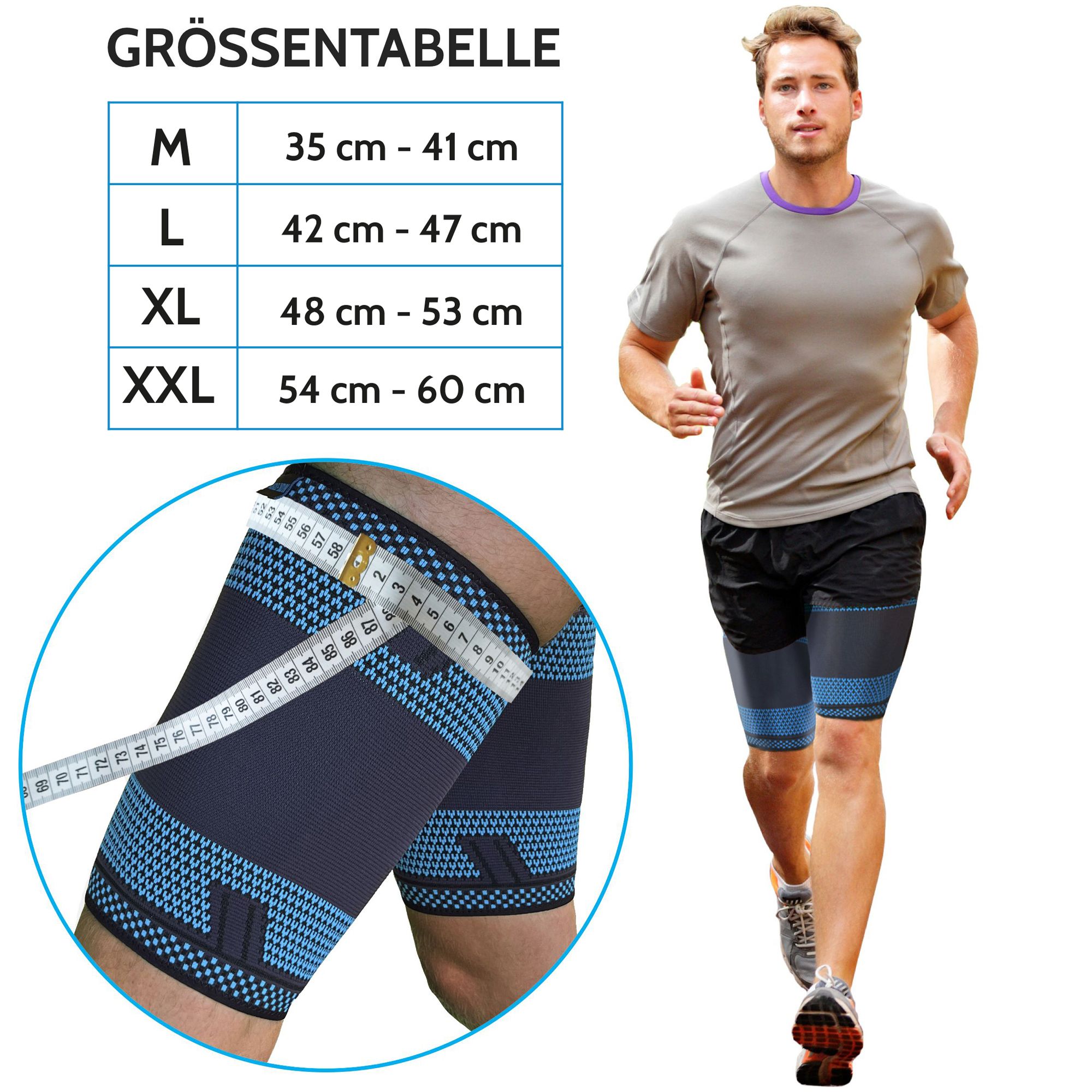 Uomo che corre con bendaggi per cosce. Taglie: M, L, XL, XXL. Metro sulle cosce. Bendaggi blu-neri.