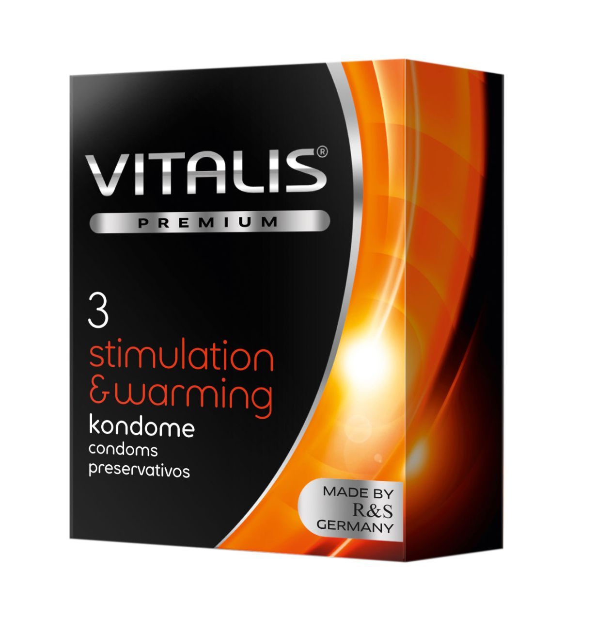 Preservativi Vitalis PREMIUM: 3 pezzi Stimolazione & Warming. Confezione nera con accenti arancioni.