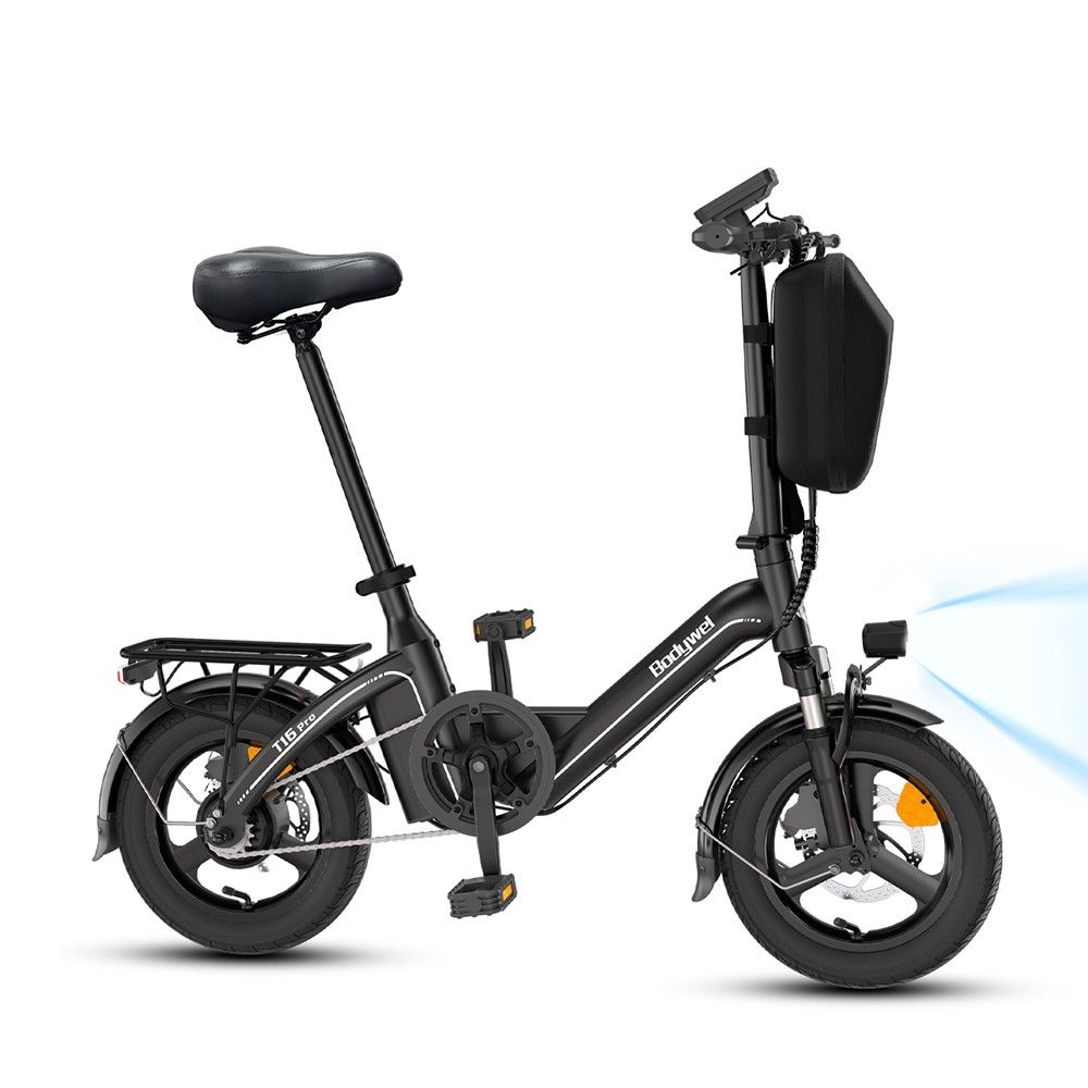 Bicicletta elettrica nera con portapacchi, faro e borsa batteria. Scritta "T16 Pro".