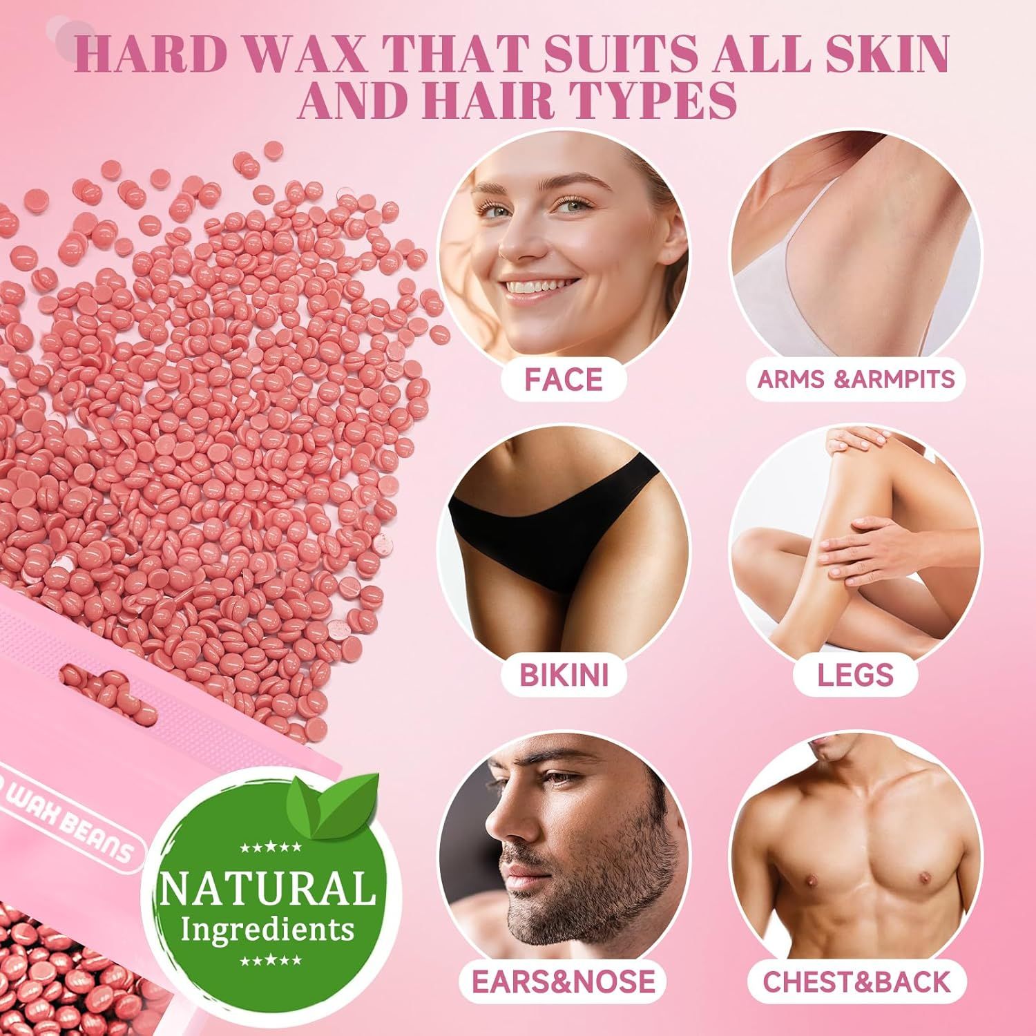 Perle di cera rosa in confezione. Illustrazioni mostrano aree di depilazione: viso, braccia, ascelle, bikini, gambe, orecchie, petto.