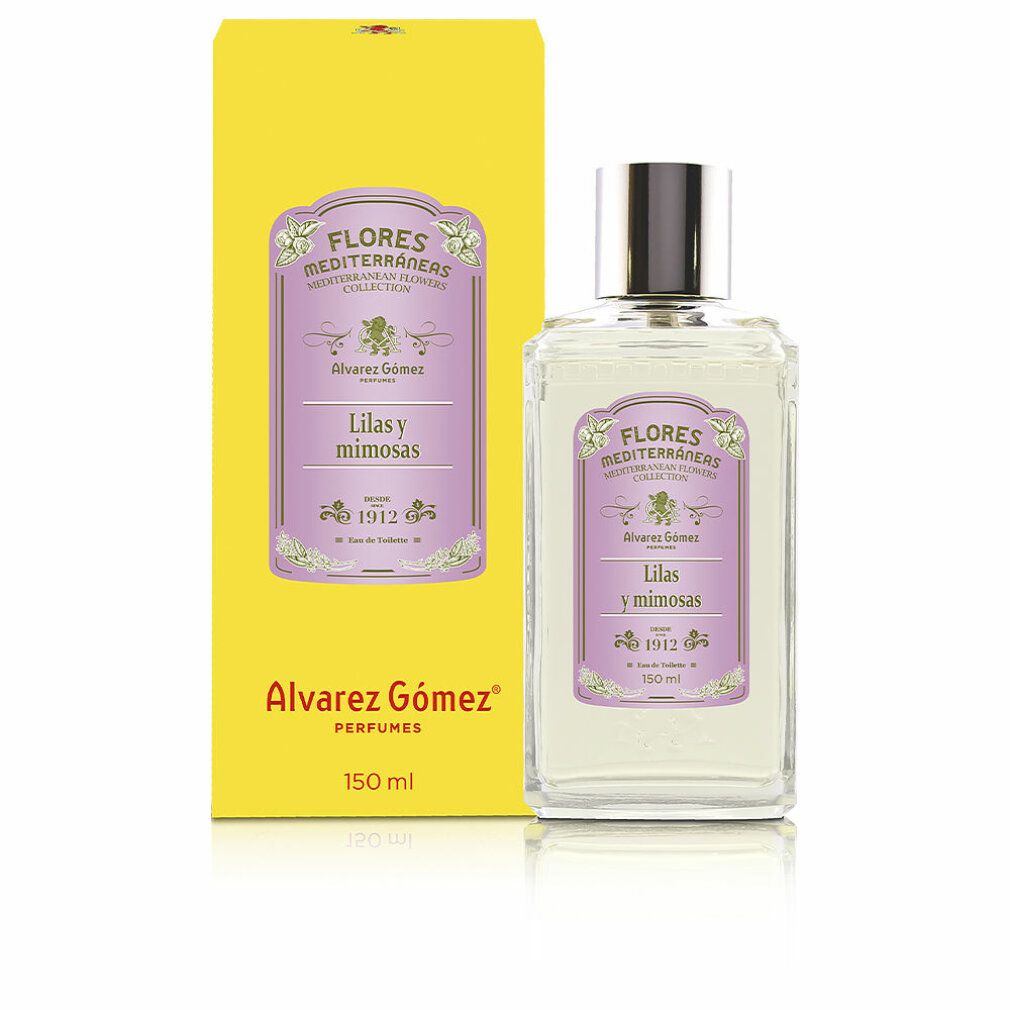 Flacone e scatola Alvarez Gómez. Scritta: Flores Mediterraneas, Lilas y Mimosas. Scatola gialla, etichetta viola, 150 ml.