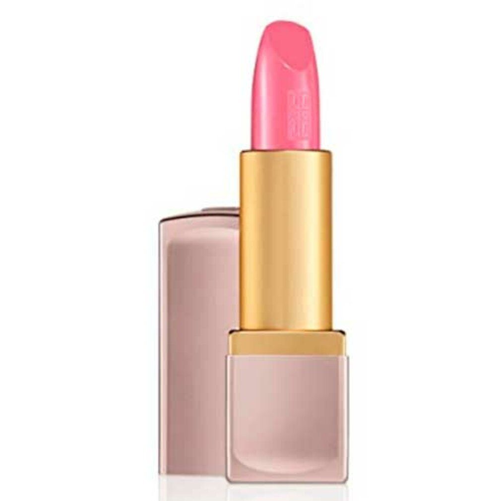 Rossetto rosa in astuccio rosa e base dorata. Il rossetto è estratto. Un logo è impresso sul rossetto.