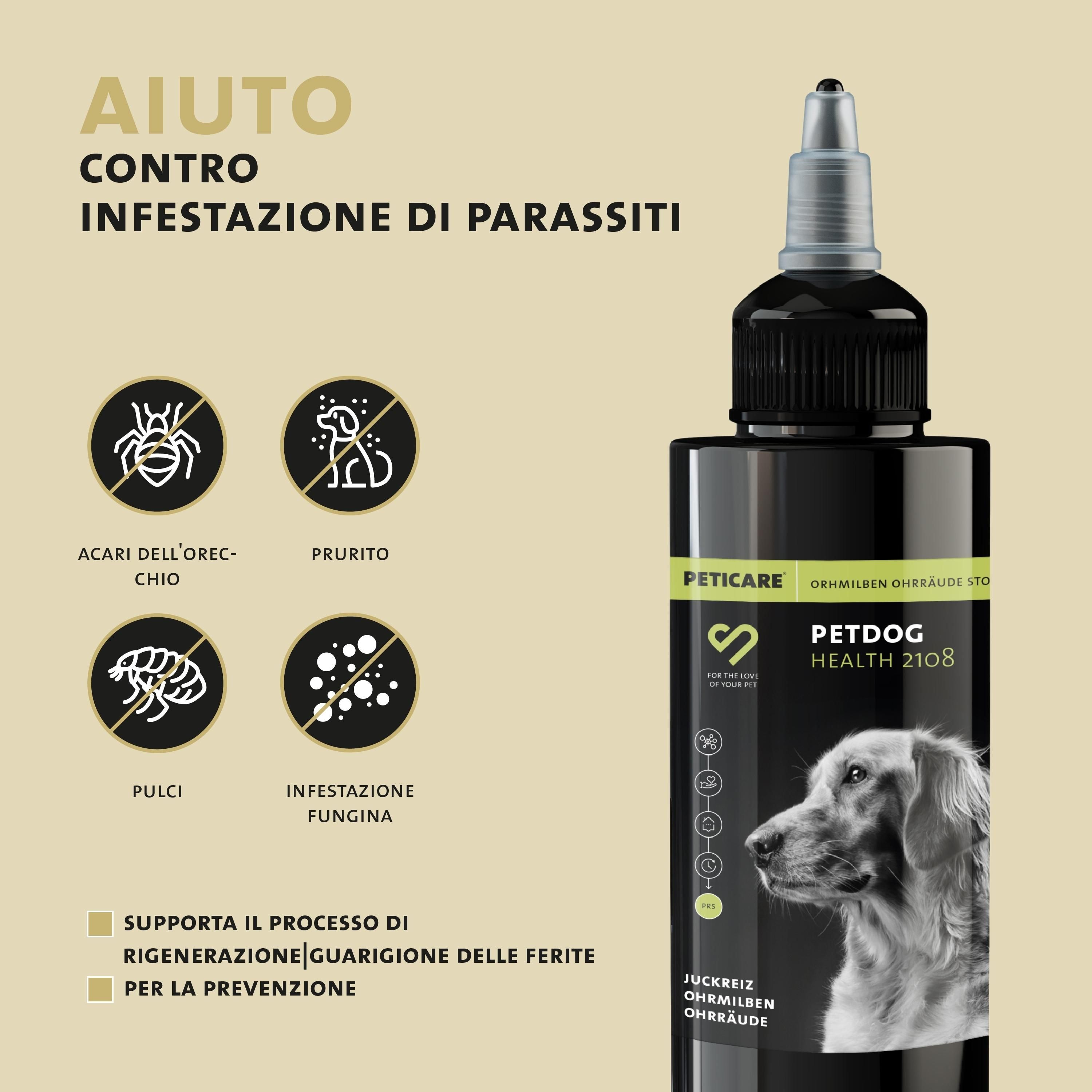 Flacone del prodotto. Testo: Aiuto contro l'infestazione da parassiti. Acari dell'orecchio, prurito, rogna auricolare, pulci, infezione fungina.