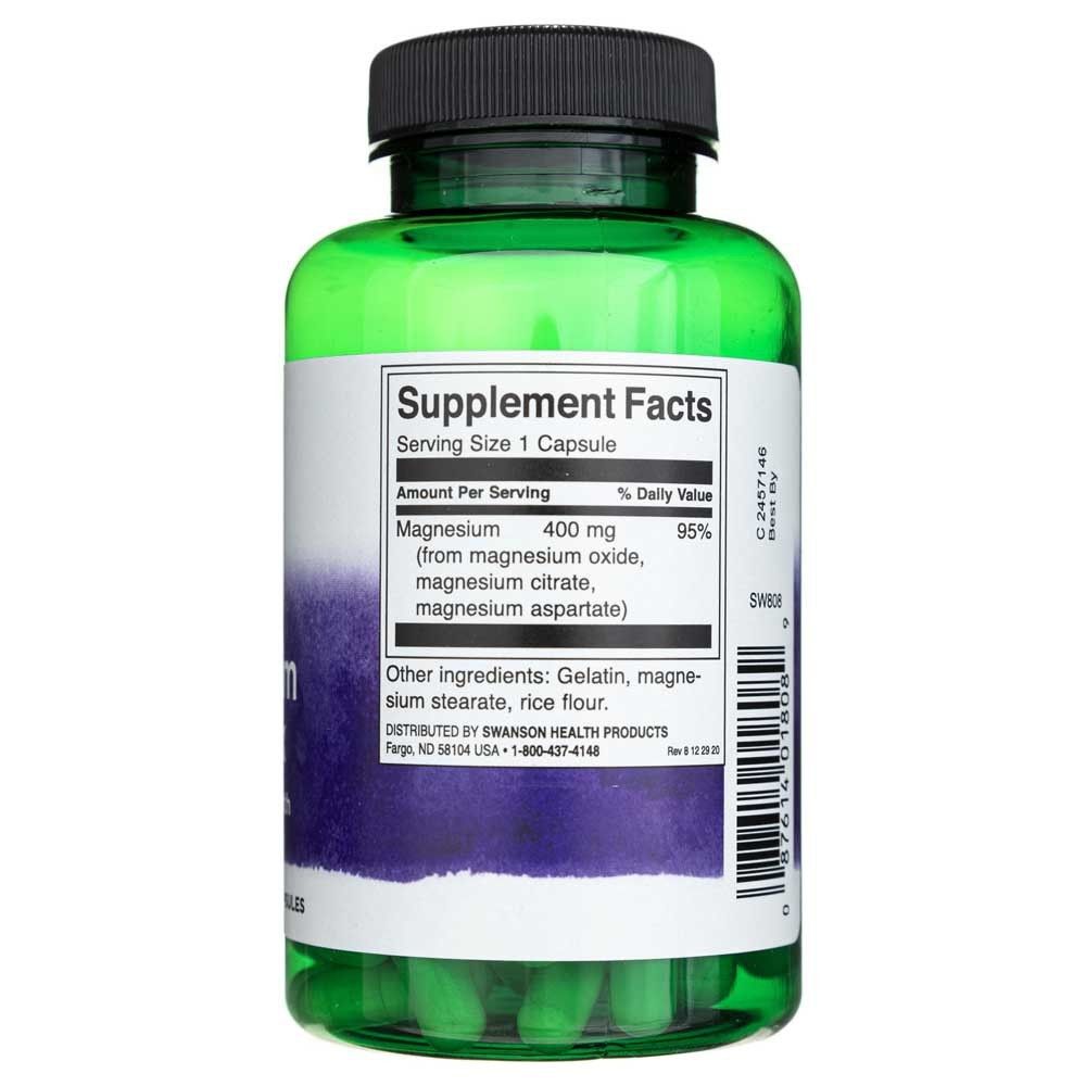 Retro di un flacone Swanson Triple Magnesium Complex 400 mg, con informazioni nutrizionali e ingredienti.