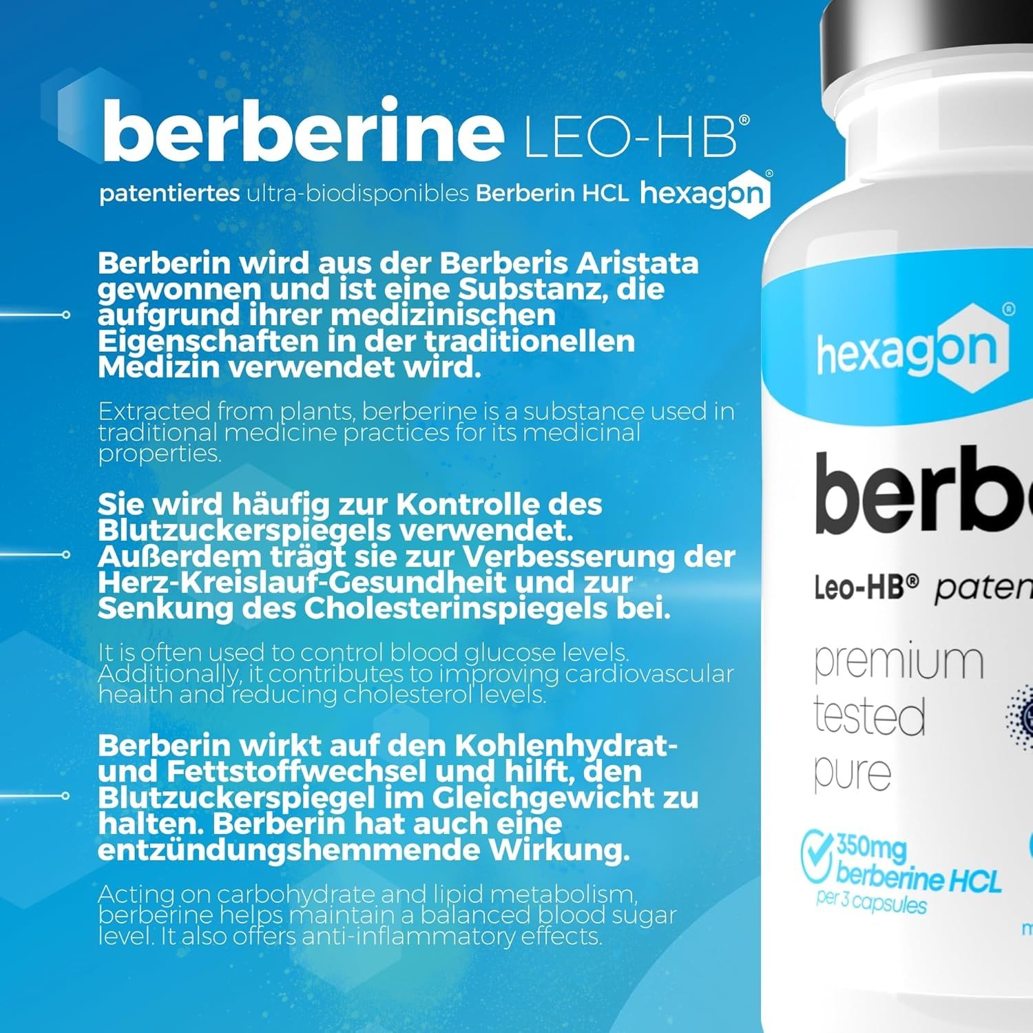 Capsule di Berberina Hexagon: Flacone da 90 capsule, 350mg di Berberina HCL per 3 capsule.
