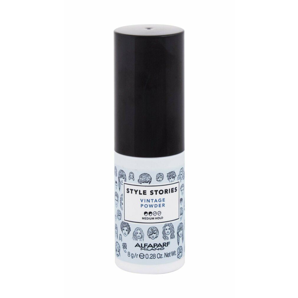 Flacone cilindrico con tappo nero. Scritta: Style Stories Vintage Powder, Alfaparf Milano. Sfondo azzurro con volti.