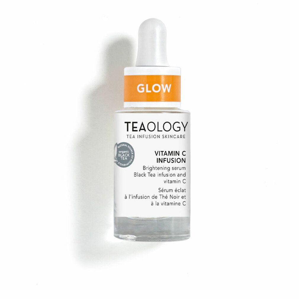 Flacone di siero con contagocce. Scritta: Teaology, Vitamin C Infusion, Glow. Su sfondo bianco.