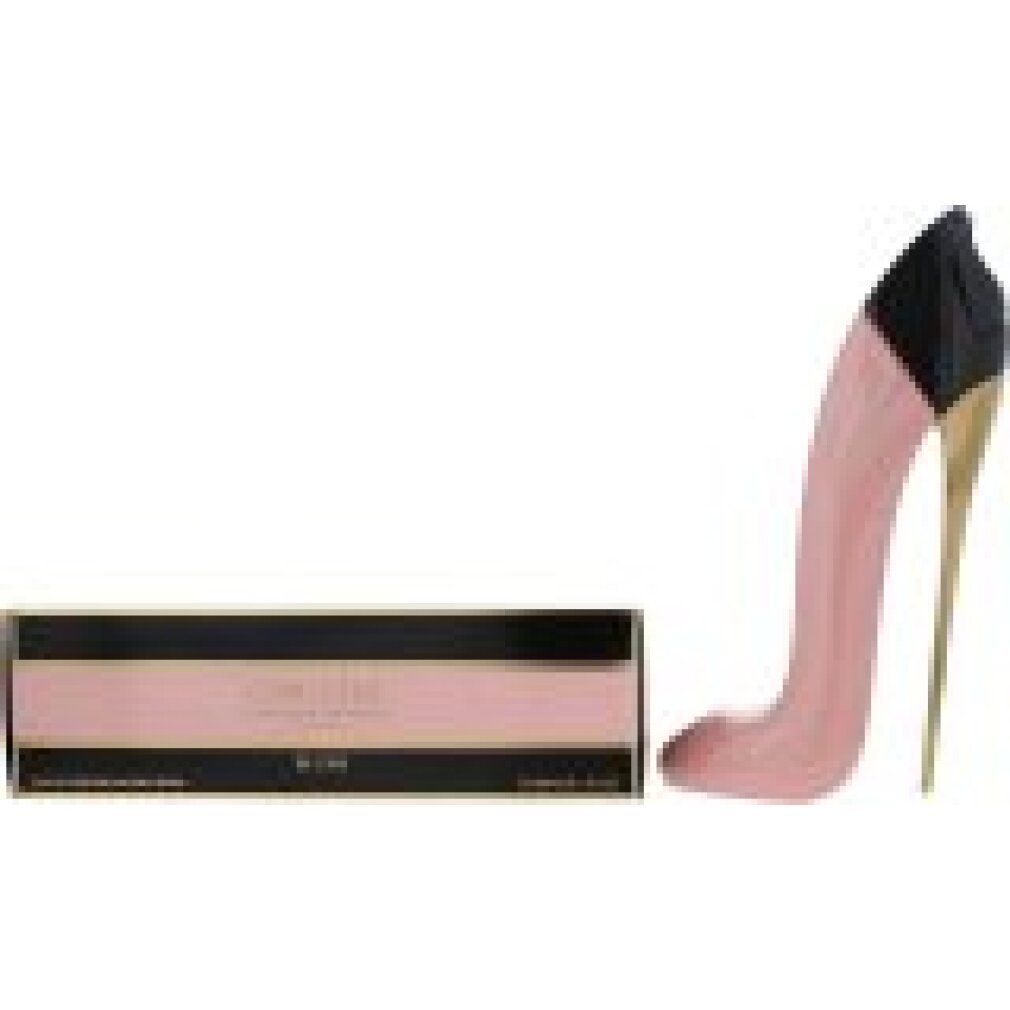 Flacone di profumo a forma di décolleté rosa con tacco dorato e gambale nero, accanto a una confezione rettangolare rosa e nera.