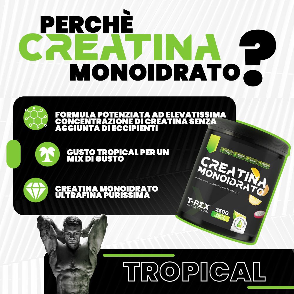 Immagine pubblicitaria: barattolo Creatina Monoidrato, tropicale. Testo: Perché Creatina Monoidrato? Formula, gusto, ultra-fine. Uomo.