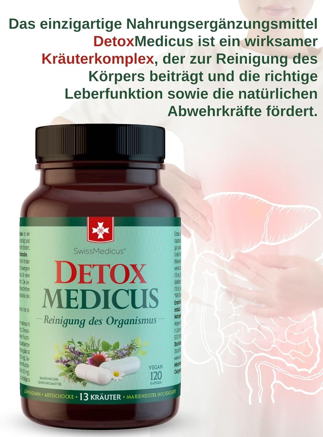 Flacone marrone con capsule. Scritta: Detox Medicus, 120 capsule, vegan. Testo sulla combinazione di erbe per la pulizia.