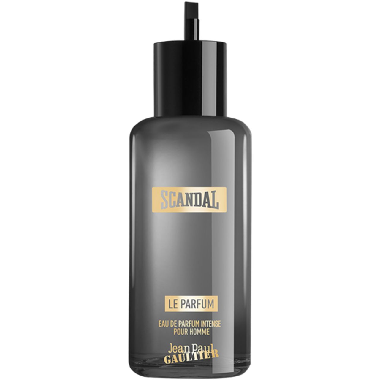 Flacone di profumo grigio con tappo nero. Scritta: Scandal Le Parfum, Jean Paul Gaultier. Eau de Parfum Intense Pour Homme.