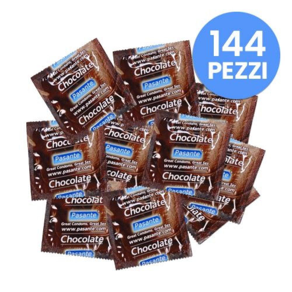 Diversi preservativi confezionati singolarmente. Confezione con scritta « Chocolate » e logo Pasante. Stampa « 144 PEZZI ».