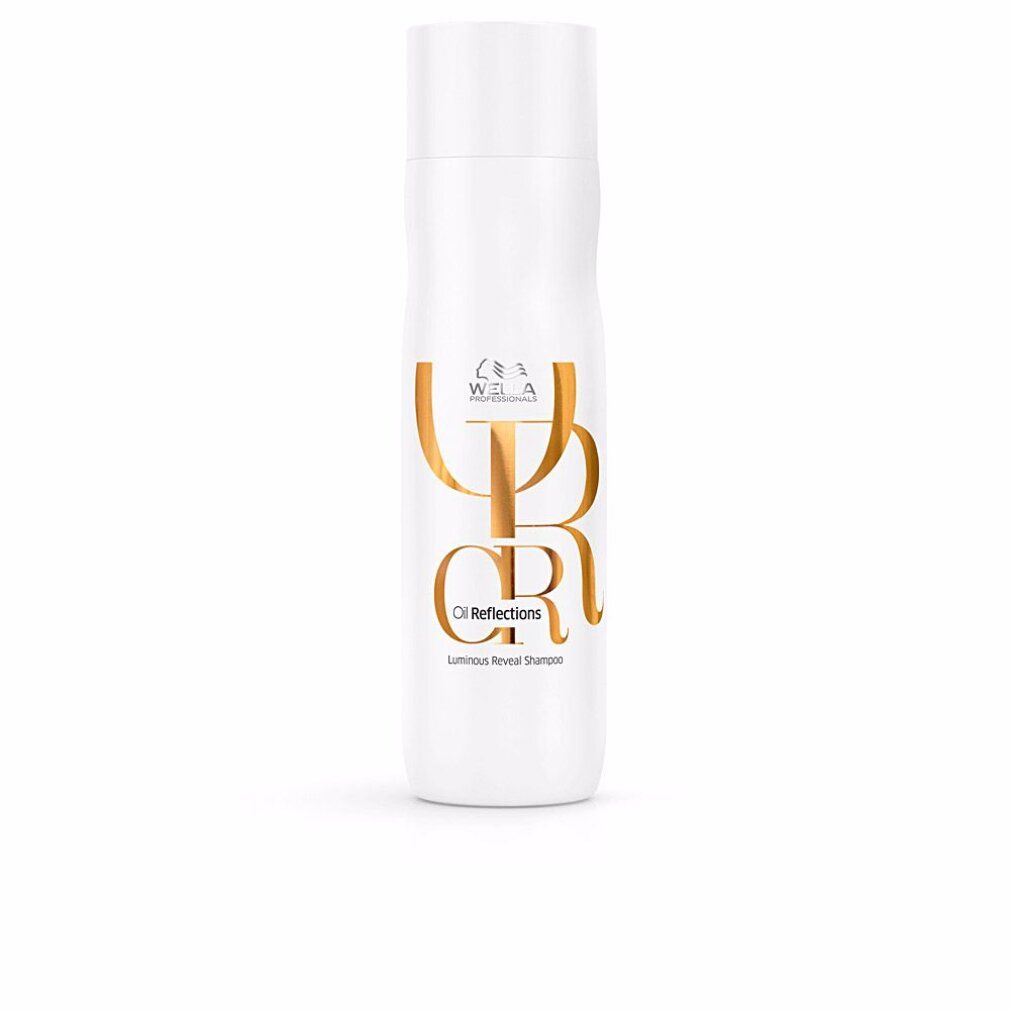 Flacone di shampoo bianco con logo e testo dorati. Scritta: Wella Oil Reflections Luminous Reveal Shampoo.