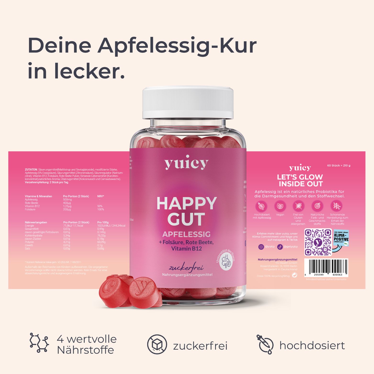 Flacone di yuicy® Happy Gut Gummies. Testo: La tua cura all'aceto di mele in modo delizioso. 4 nutrienti preziosi, senza zucchero, ad alto dosaggio. Incluso: informazioni sul prodotto.