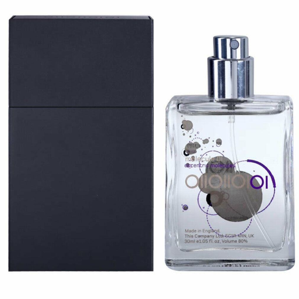 Flacone quadrato in vetro con vaporizzatore e scatola nera separata. Loghi e testo sul flacone.