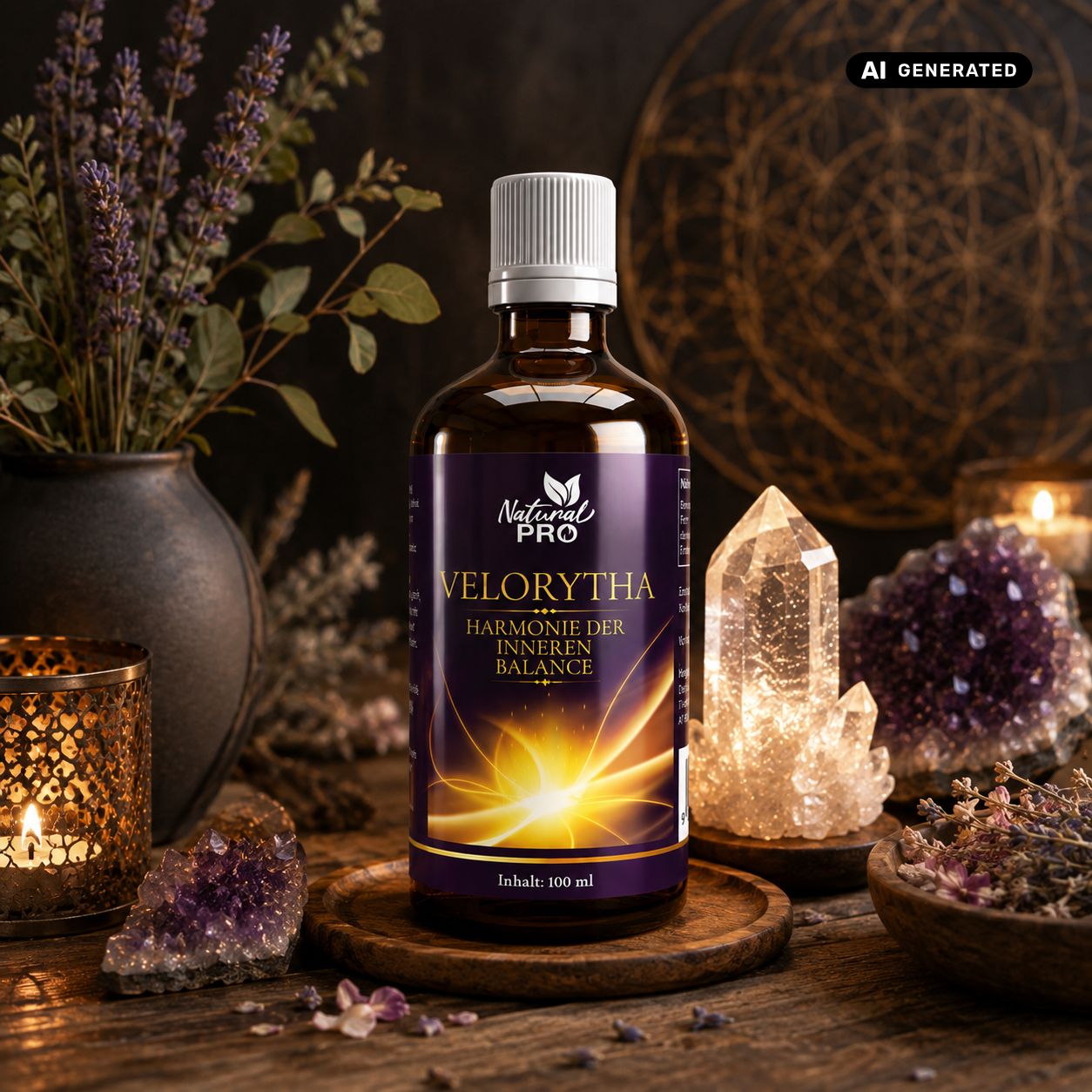 Flacone di essenza Velorytha su piedistallo in legno, circondato da cristalli, candele e lavanda.