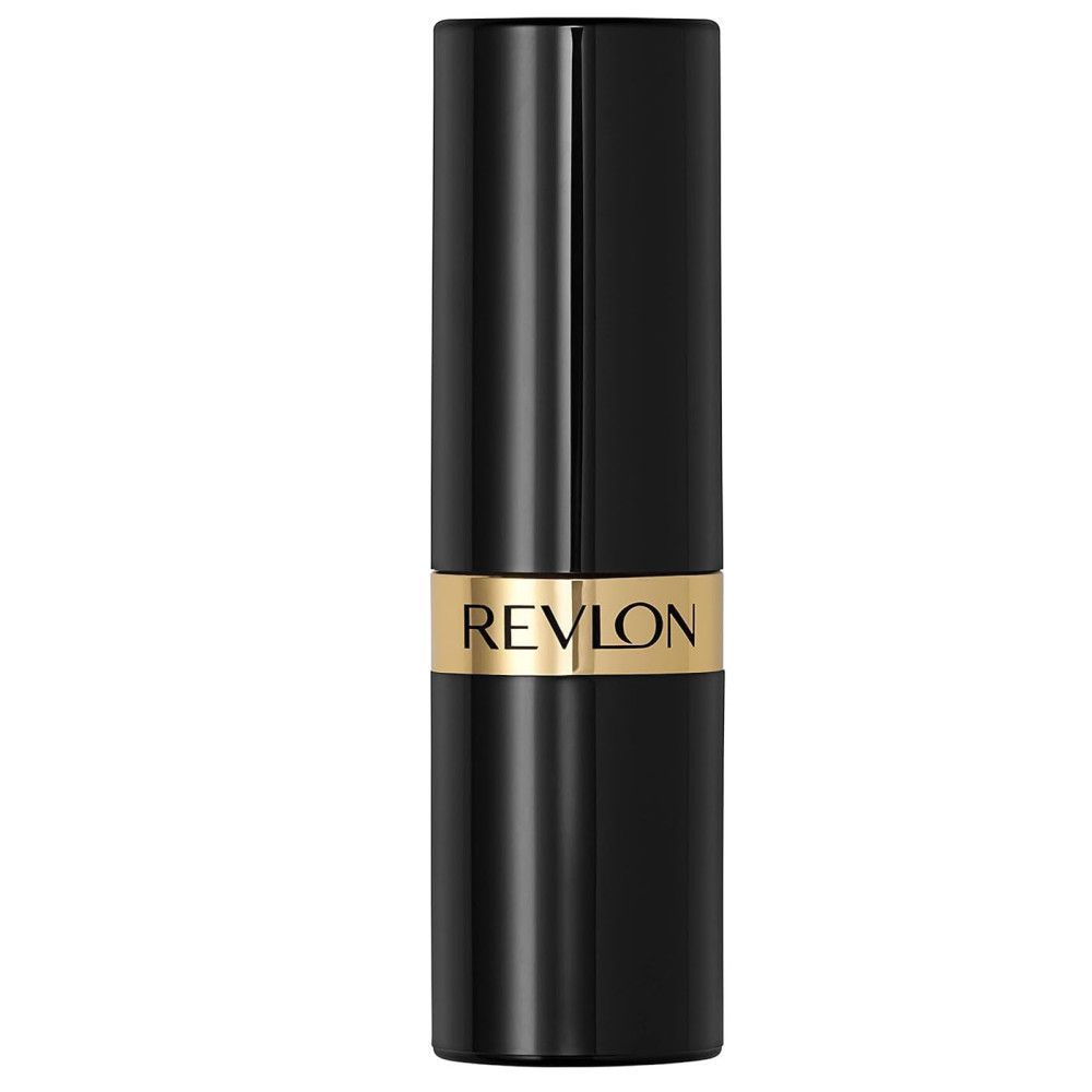 Rossetto chiuso. Corpo nero con fascia dorata. Marchio REVLON.
