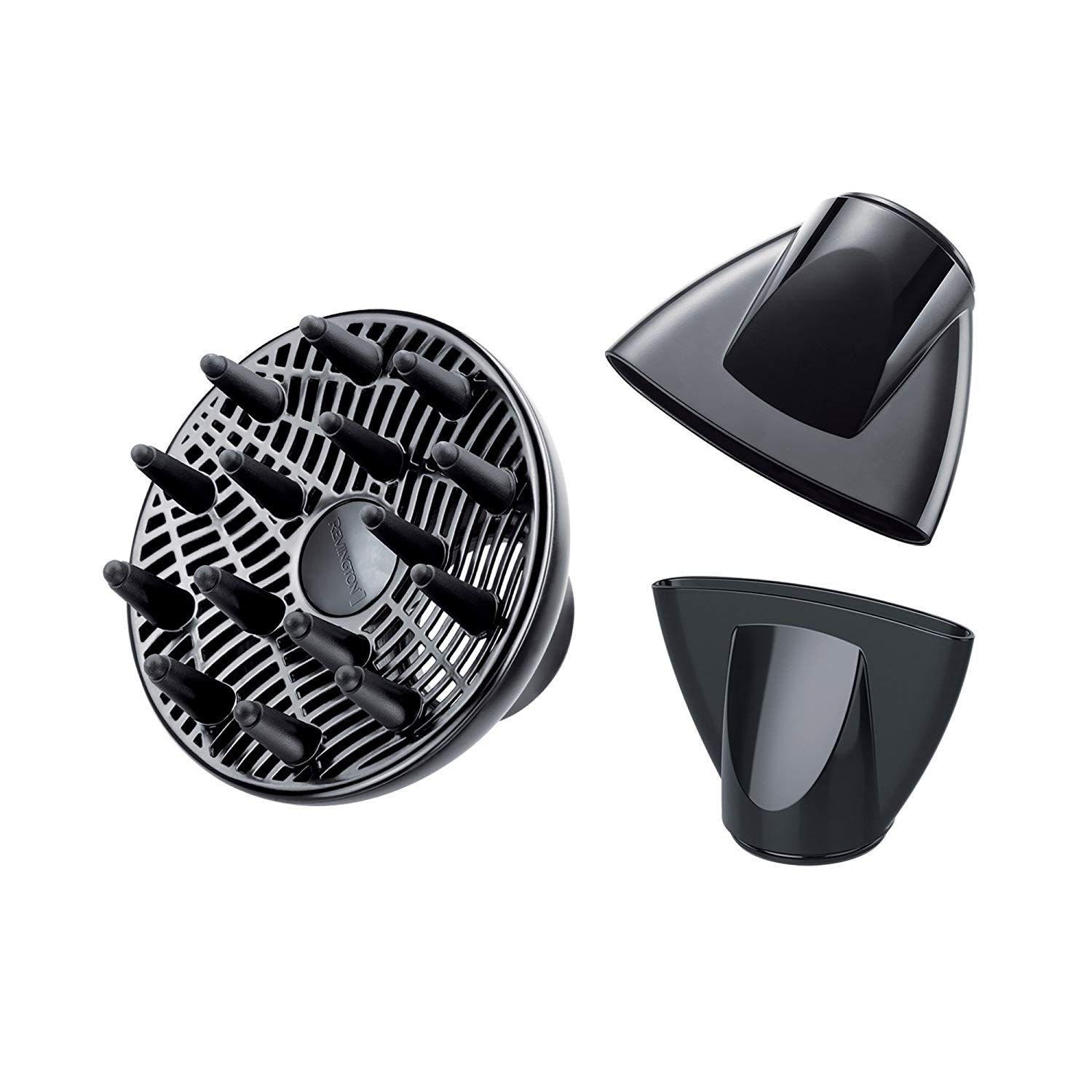 Tre accessori neri per asciugacapelli. Un diffusore e due bocchette.