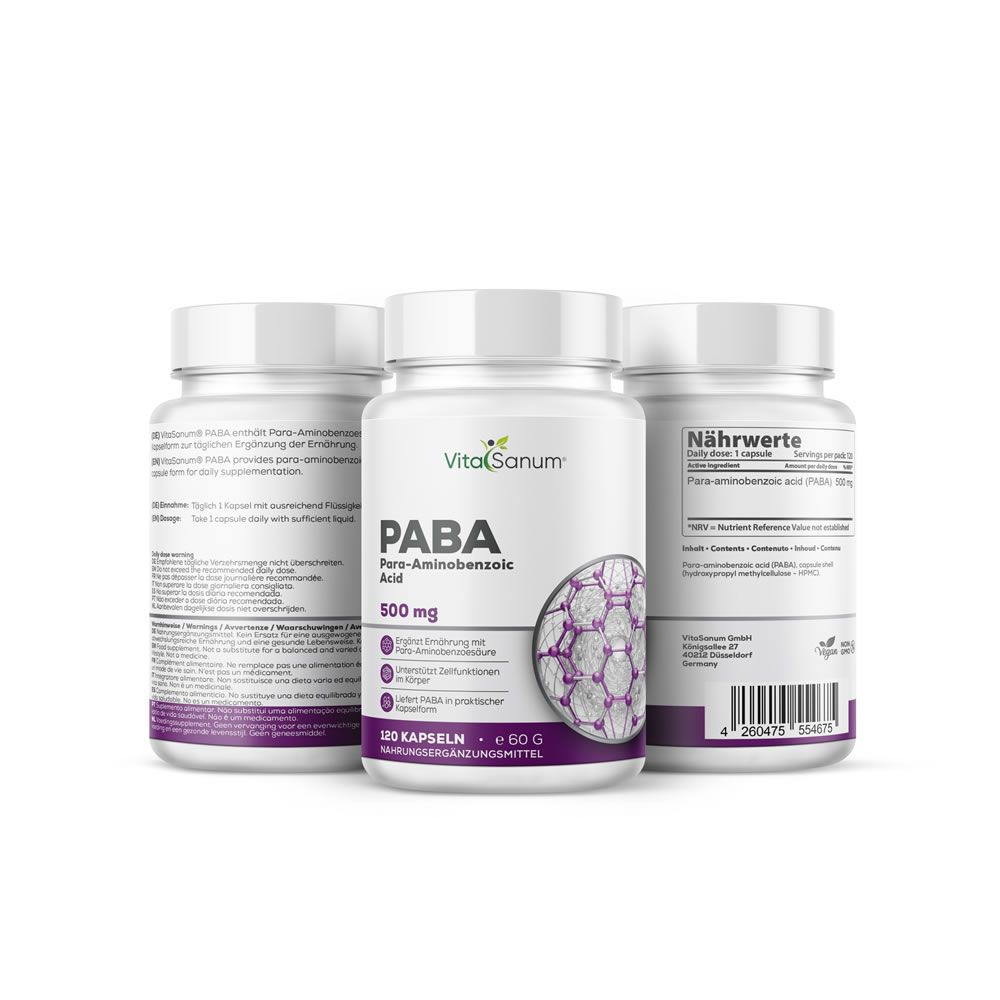 Tre flaconi bianchi con etichette. Uno recita: VitaSanum PABA Para-Aminobenzoic Acid 500 mg. 120 capsule. Integratore alimentare.