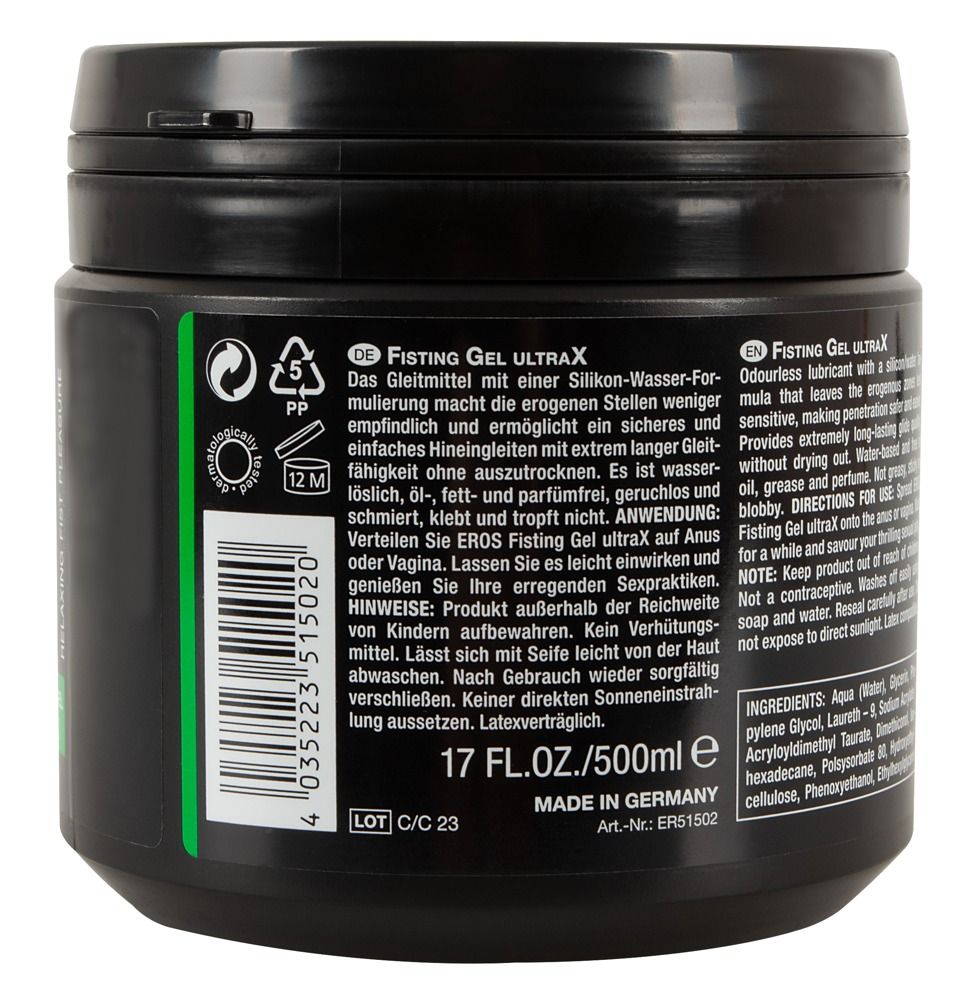 Contenitore nero con scritta EROS Ultra X Fisting Gel e marchio CE.
